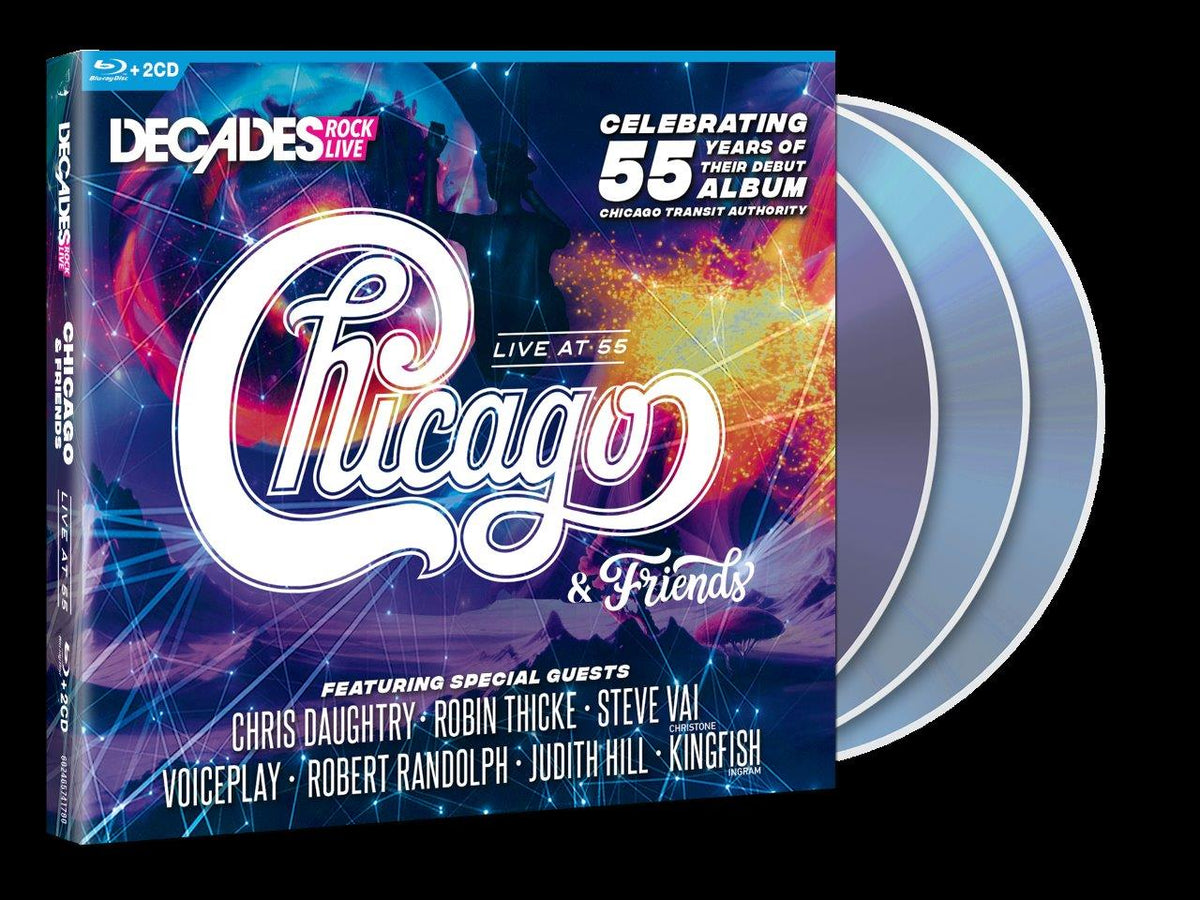 Blu-ray case for "Chicago & Friends: Live at 55" concert recording.