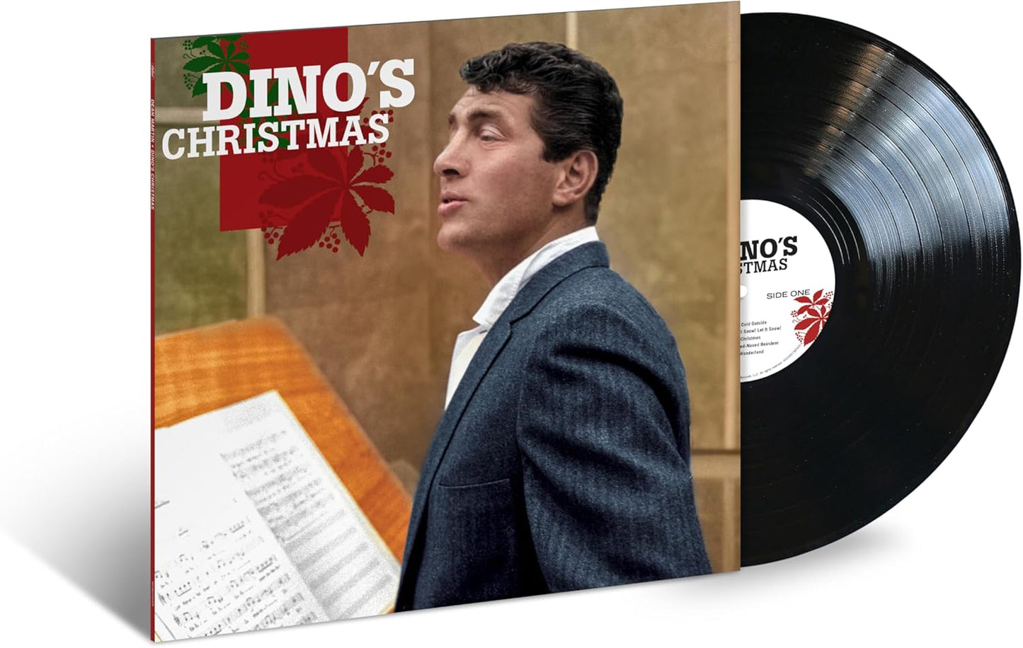 Dean Martin's "Dino's Christmas" vinyl record with a portrait of Martin.