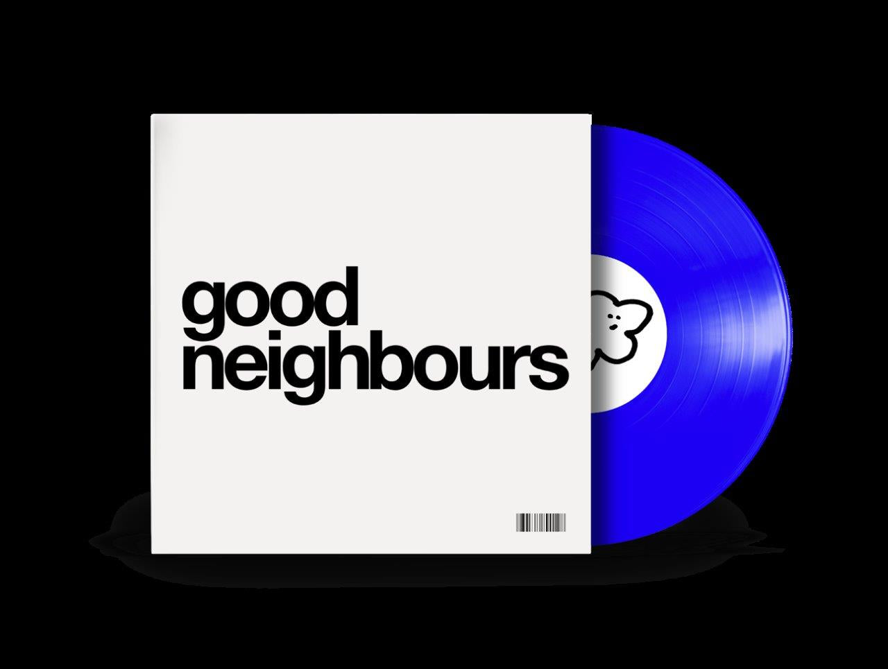Vinyl record and white sleeve with bold black text, “good neighbours.”