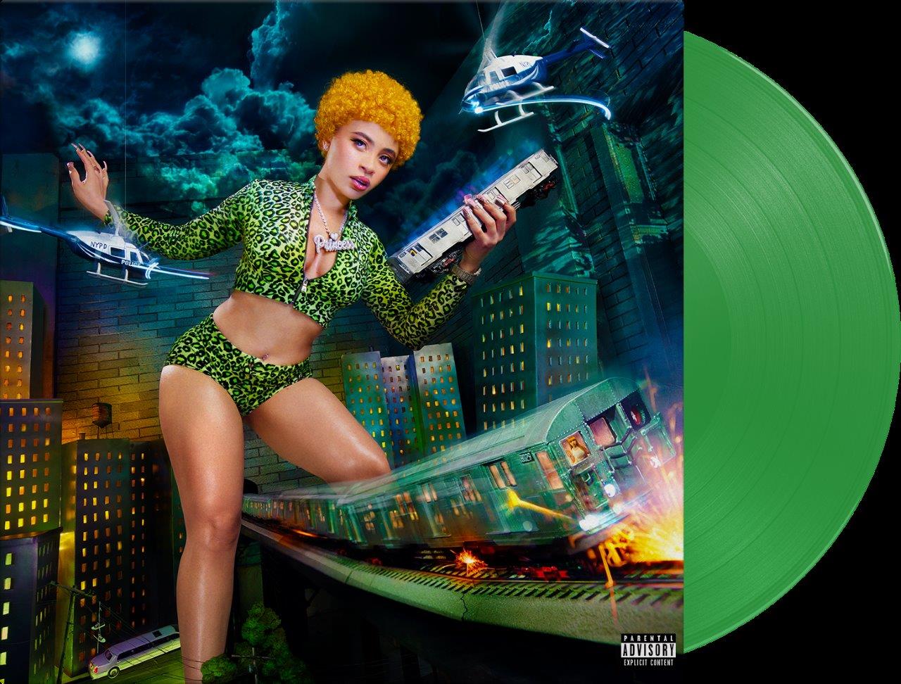 Ice Spice album cover featuring a city scene and green vinyl record.