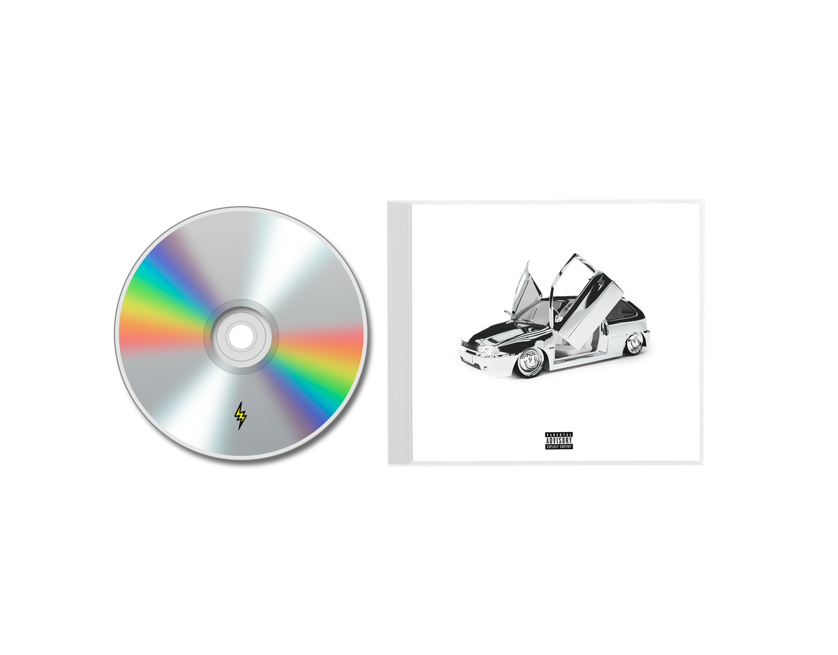 J Balvin's "RAYO" CD case with a silver car and open disc.