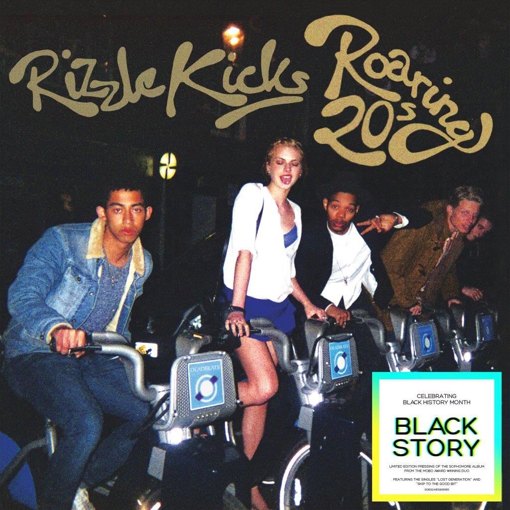 Rizzle Kicks album cover featuring three people on bicycles, teal background.
