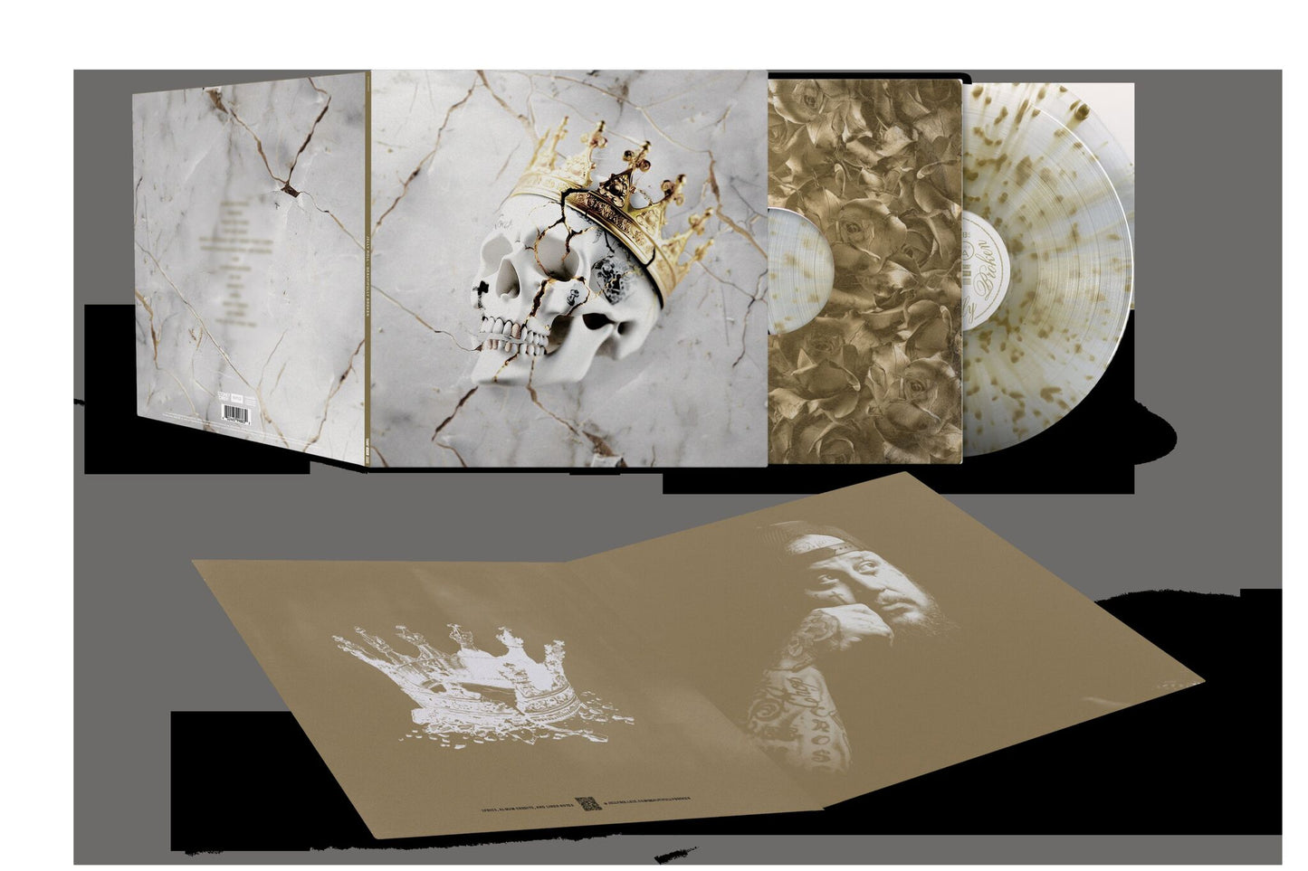 Jelly Roll vinyl record set featuring a cracked skull with a gold crown.