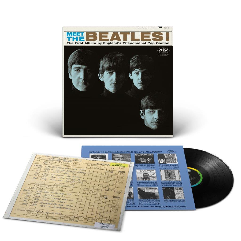 Meet The Beatles!" vinyl record with album cover featuring the four band members.