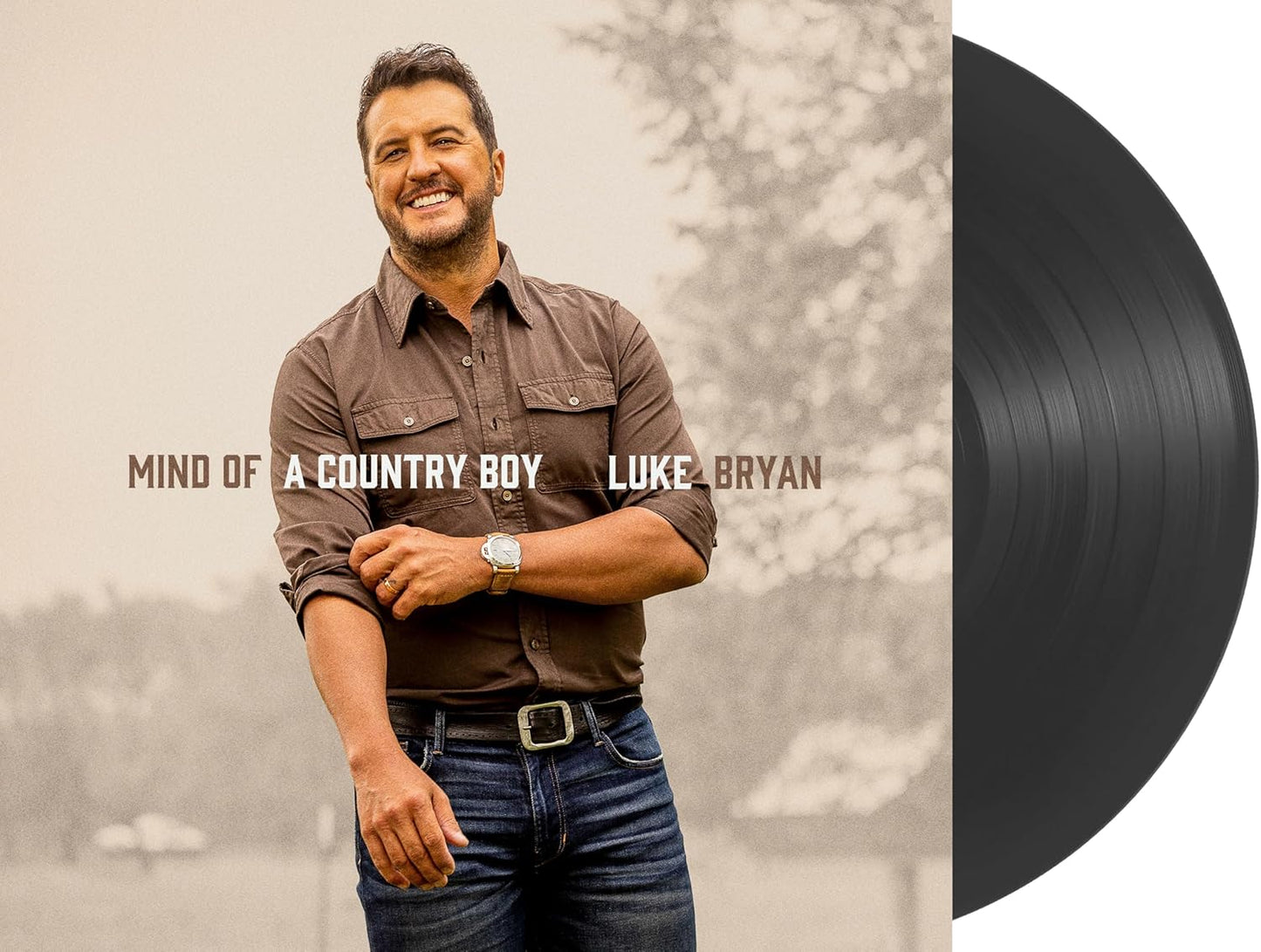 Luke Bryan album cover with vinyl record on a white background.