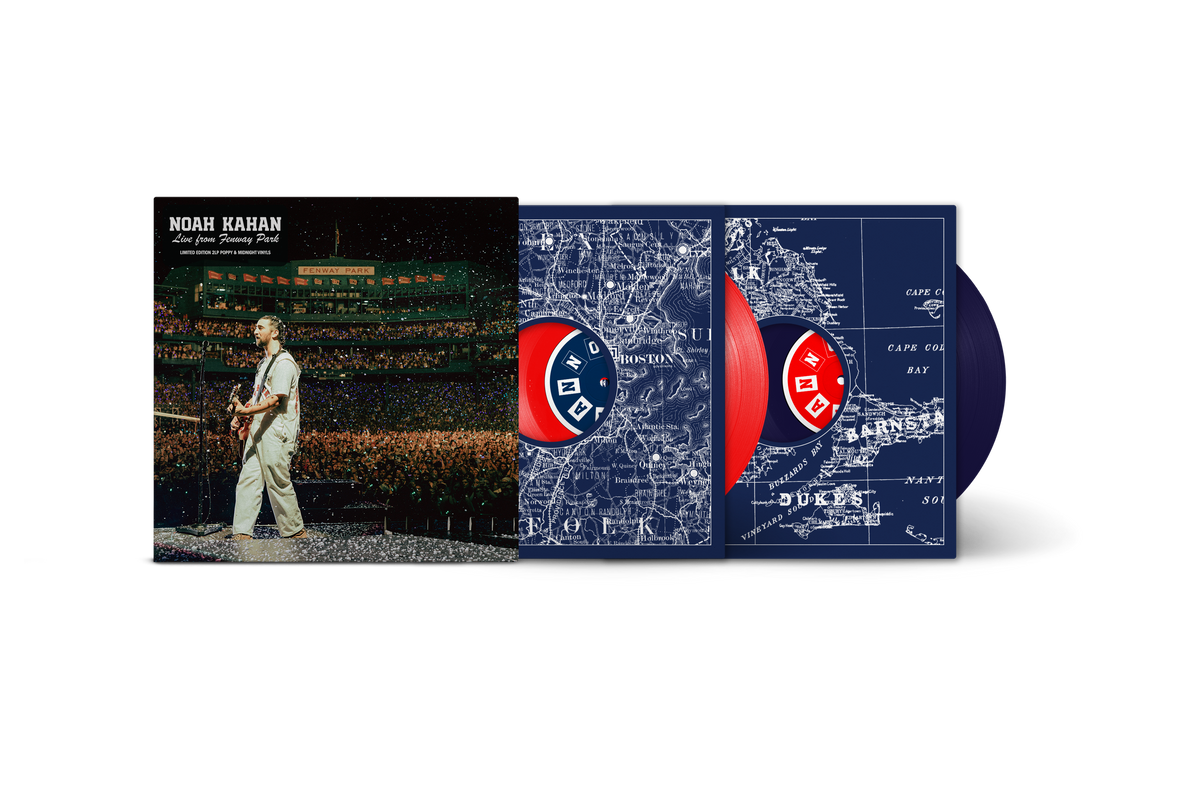 Noah Kahan live album vinyl record with red and blue discs.