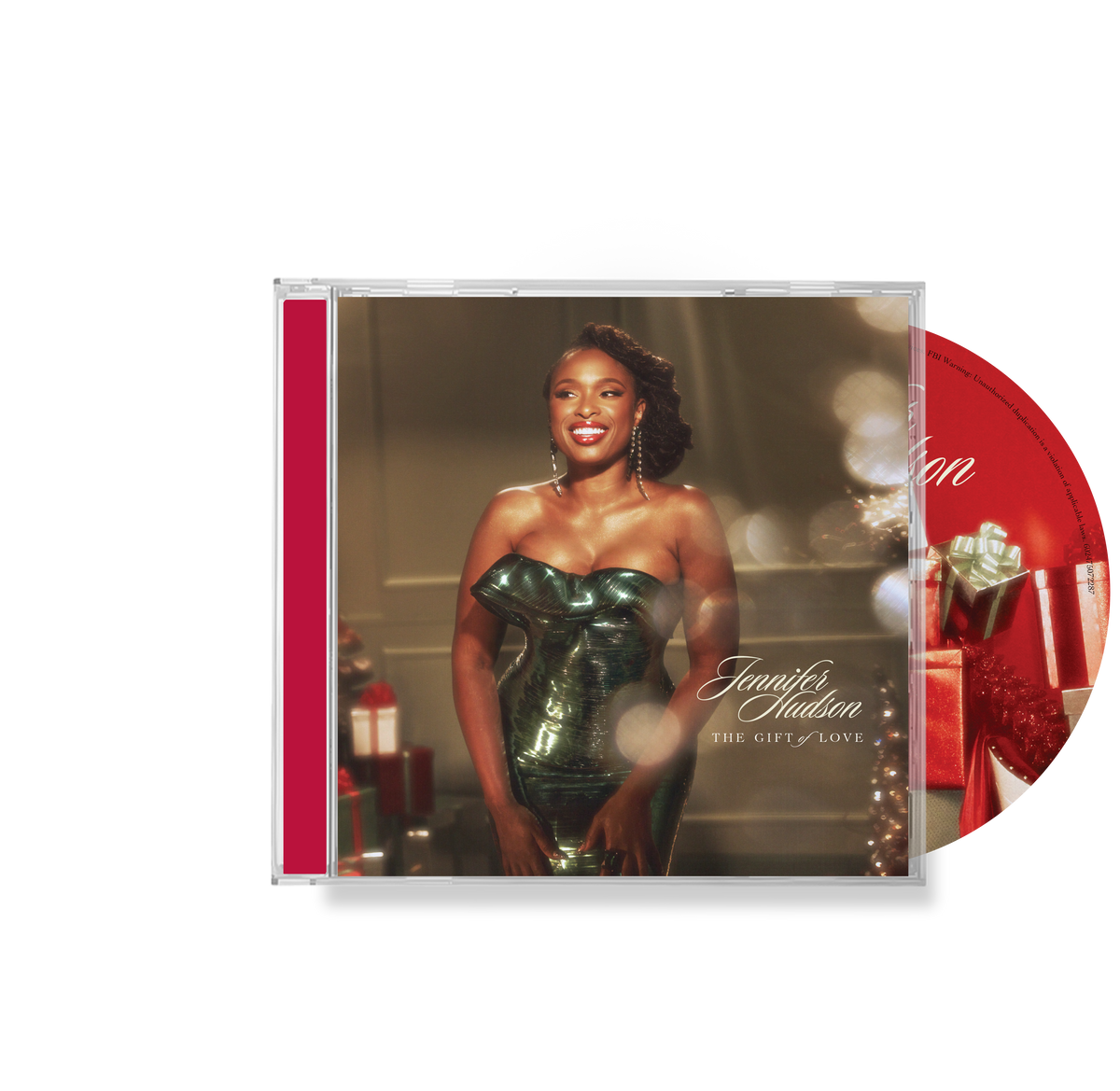 Jennifer Hudson’s “The Gift Of Love” CD case with holiday gifts backdrop.
