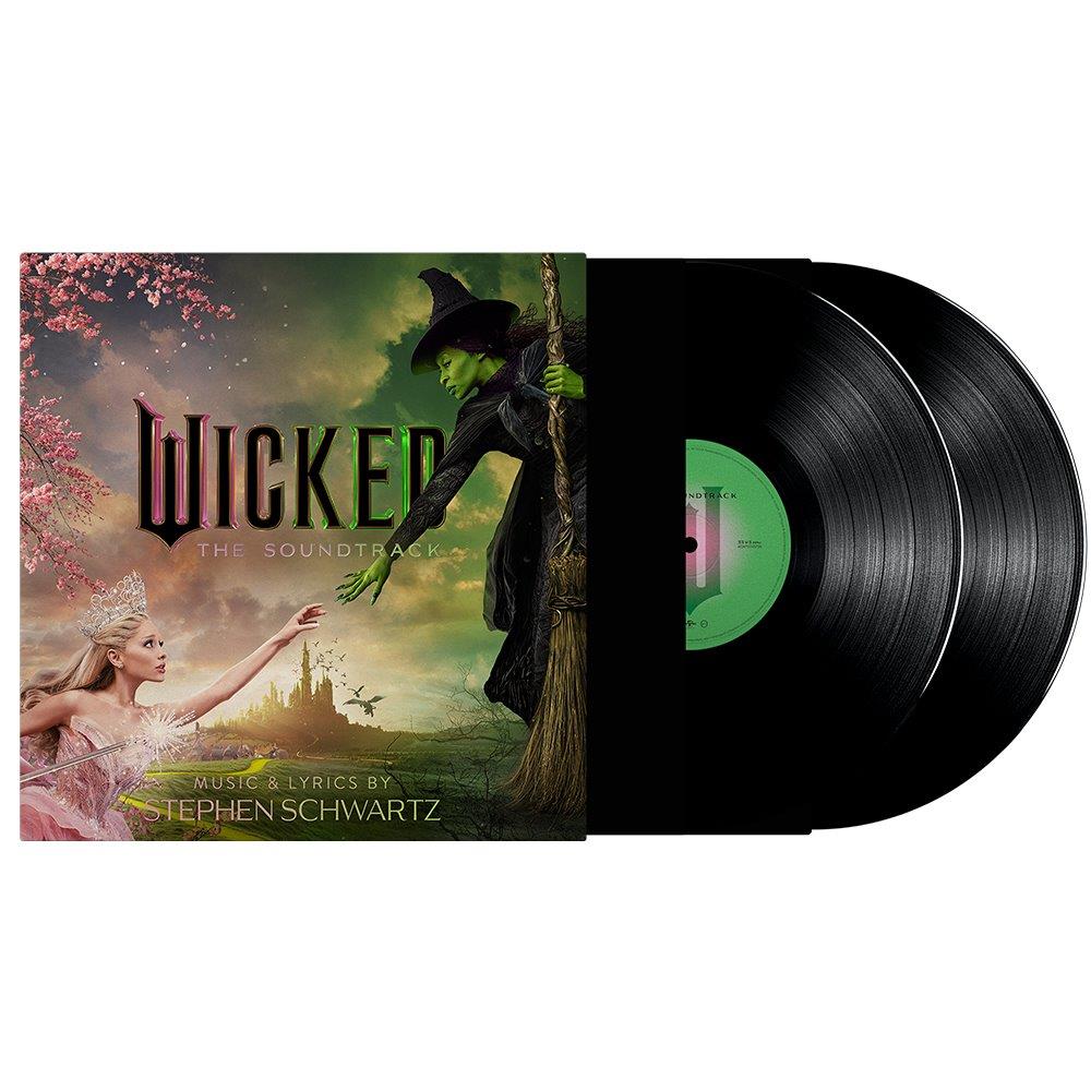 Wicked" soundtrack vinyl record with cover art featuring Elphaba and Glinda.