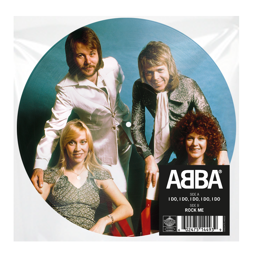 ABBA band members on a circular vinyl record with tracklist and barcode.