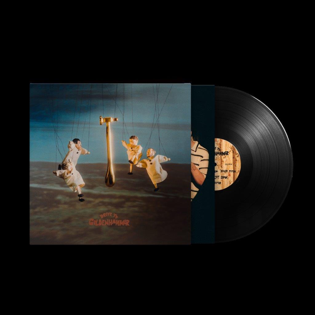 Vinyl record and album cover featuring puppet figures in a sky.