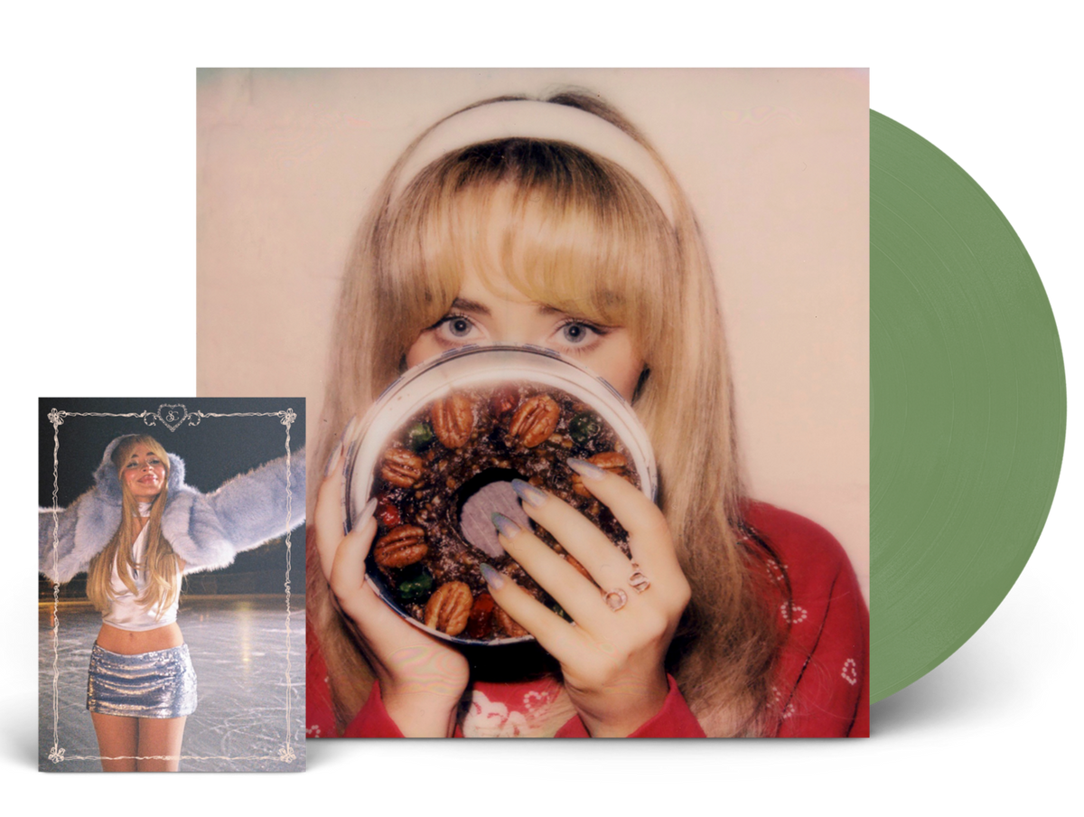 Sabrina Carpenter album cover with fruitcake and a green vinyl record.
