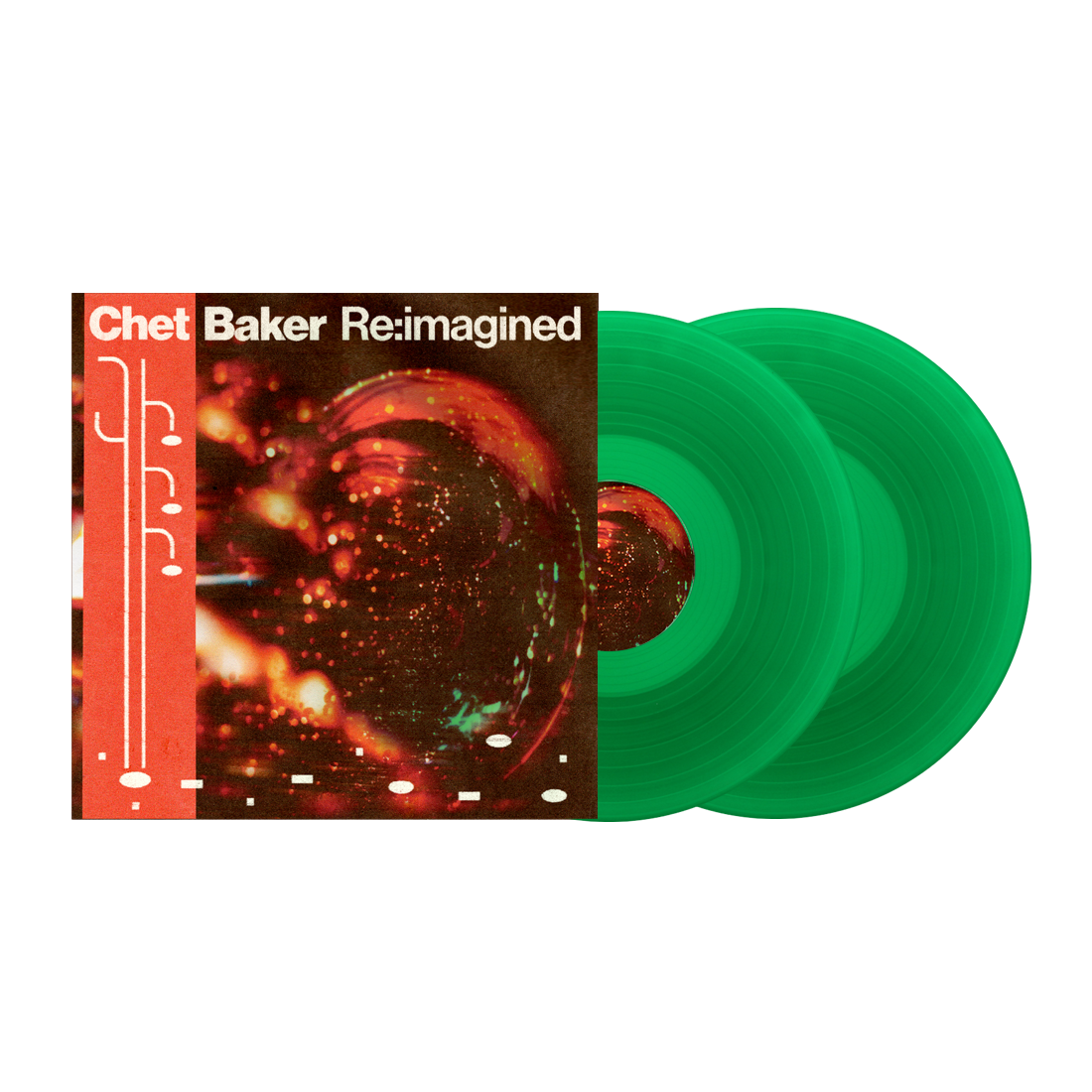 Green vinyl record and album cover featuring Chet Baker’s portrait.
