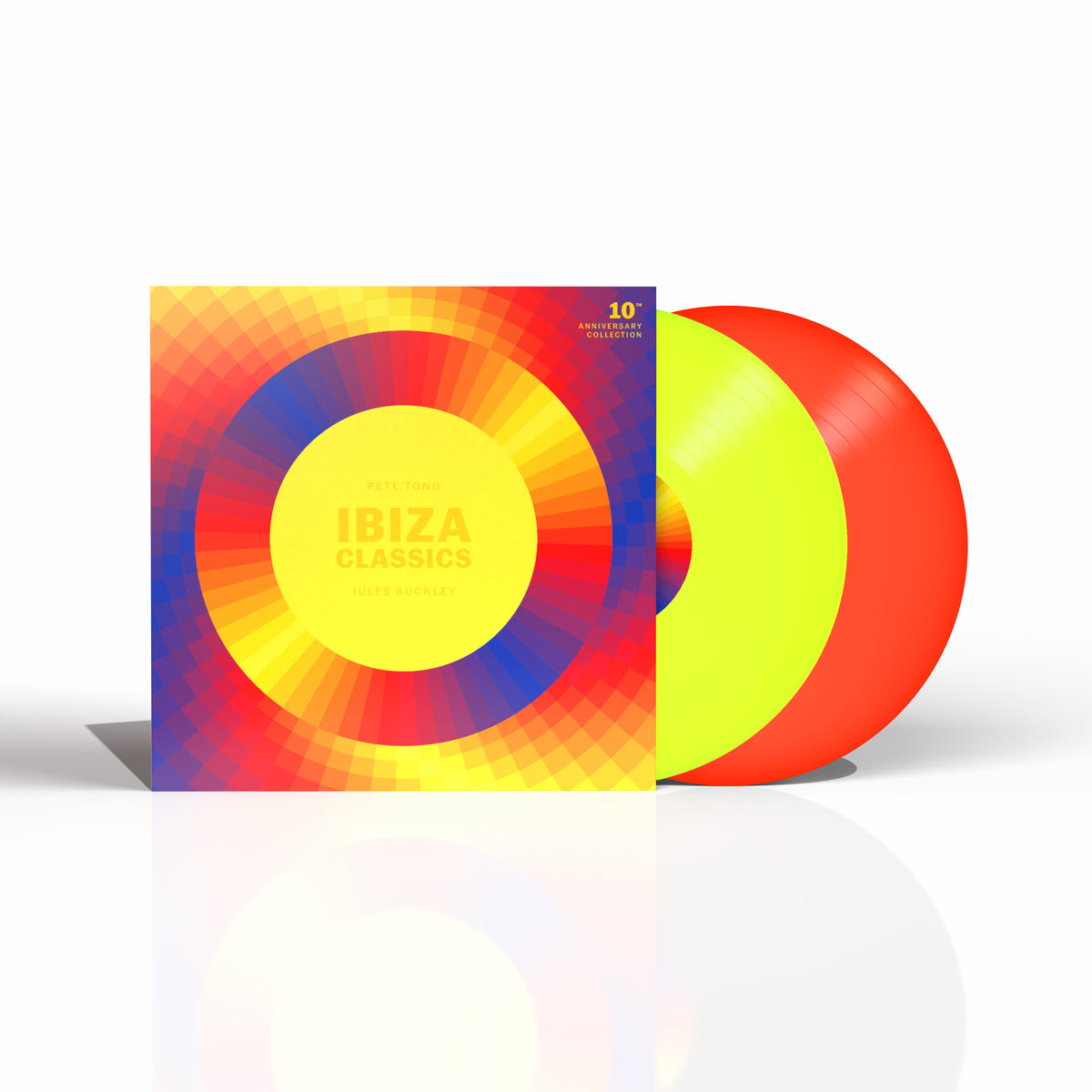 Two colorful vinyl records with a geometric patterned sleeve.