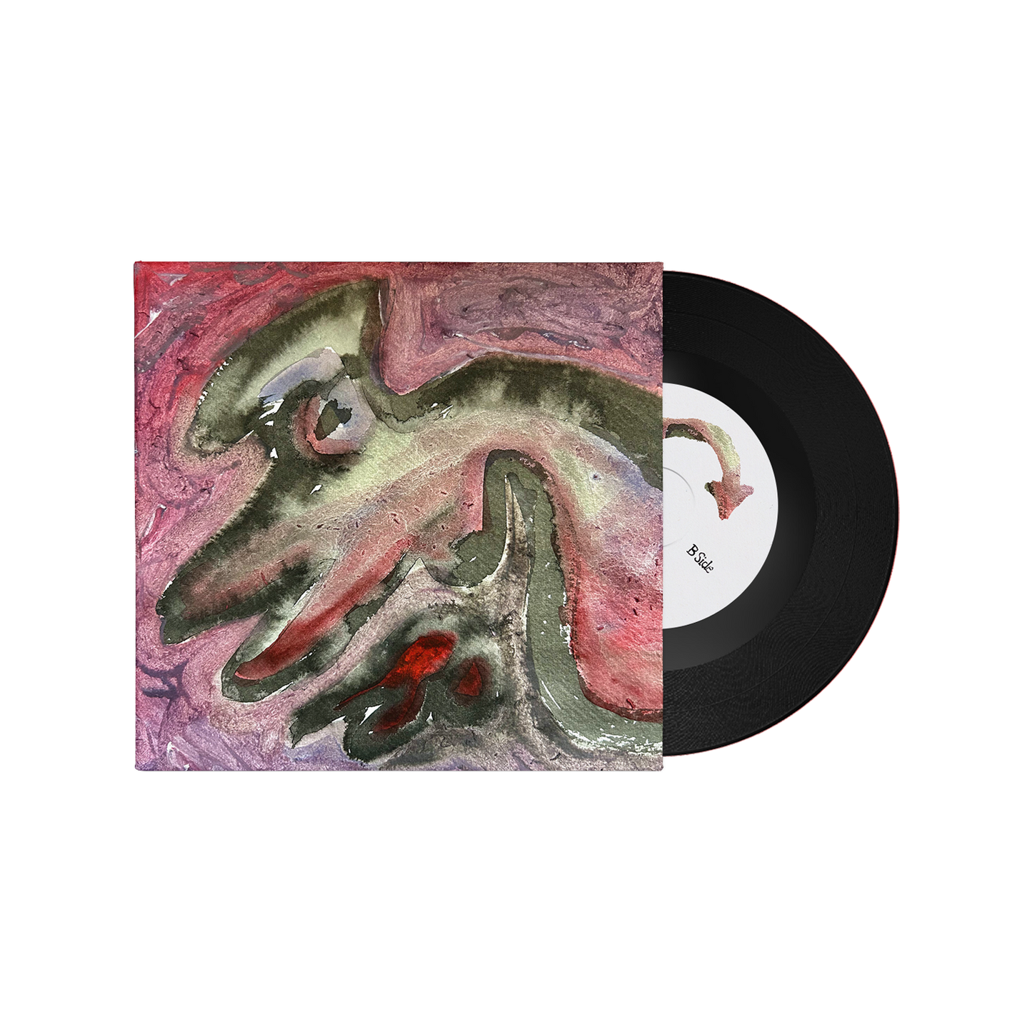 Vinyl record and cover with abstract marbled red and green artwork.