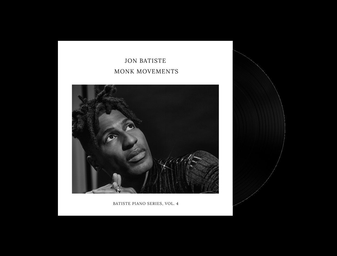 Black and white album cover featuring Jon Batiste and a vinyl record.