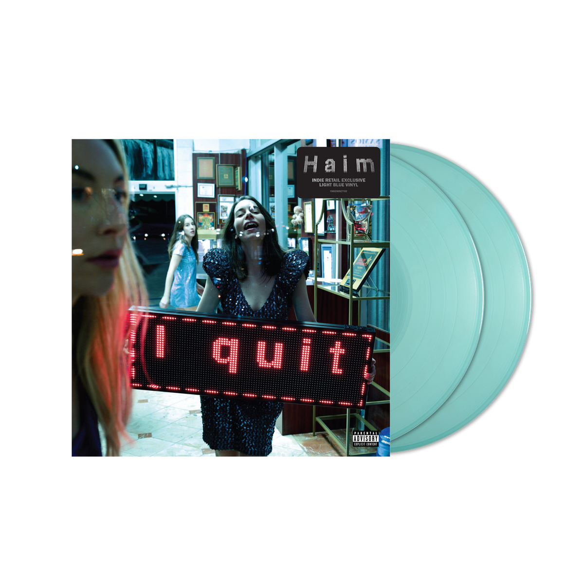HAIM's "I quit" light blue vinyl LP with album cover art.