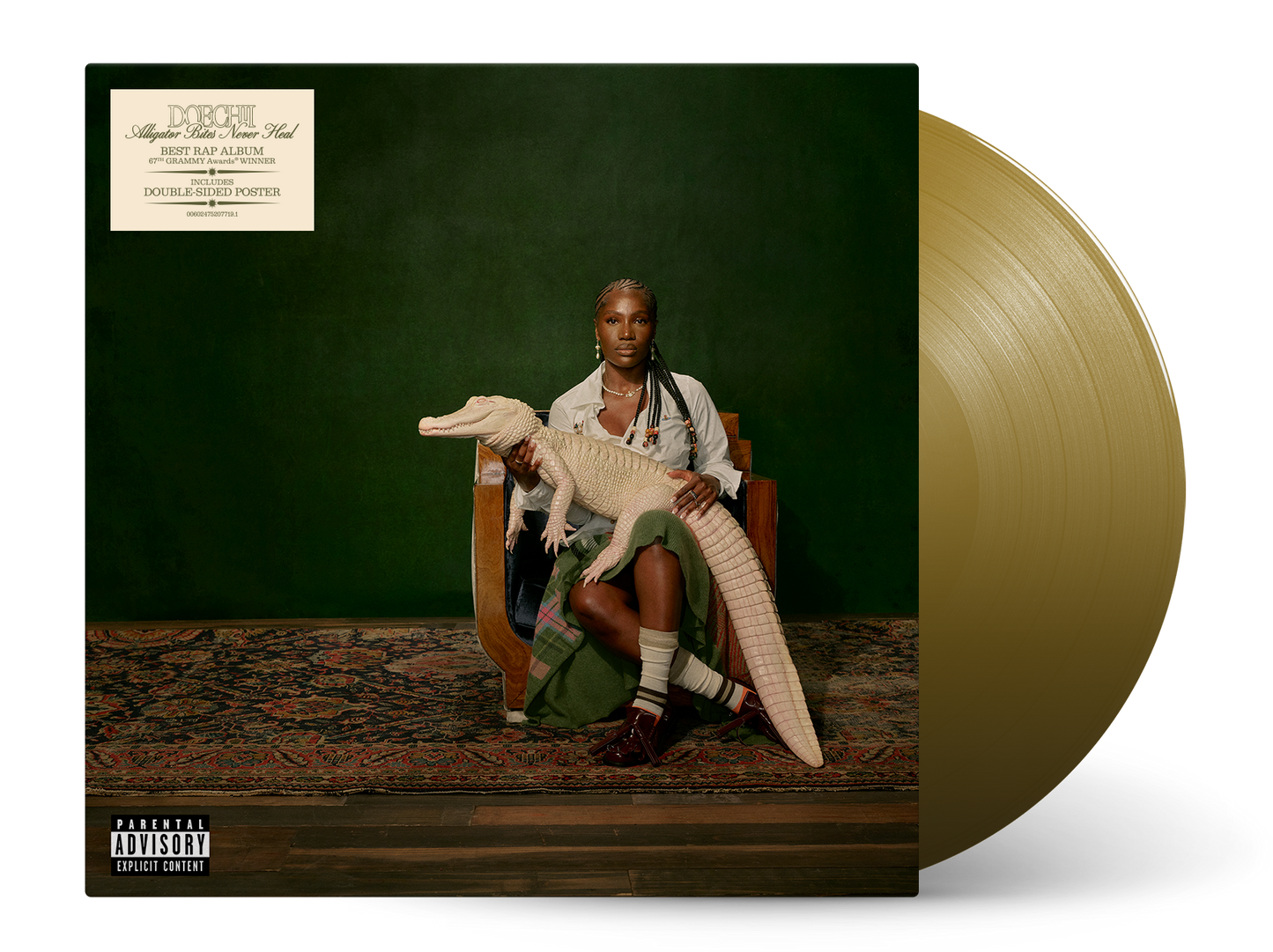 Doechii album cover featuring artist with an alligator, gold vinyl record beside.