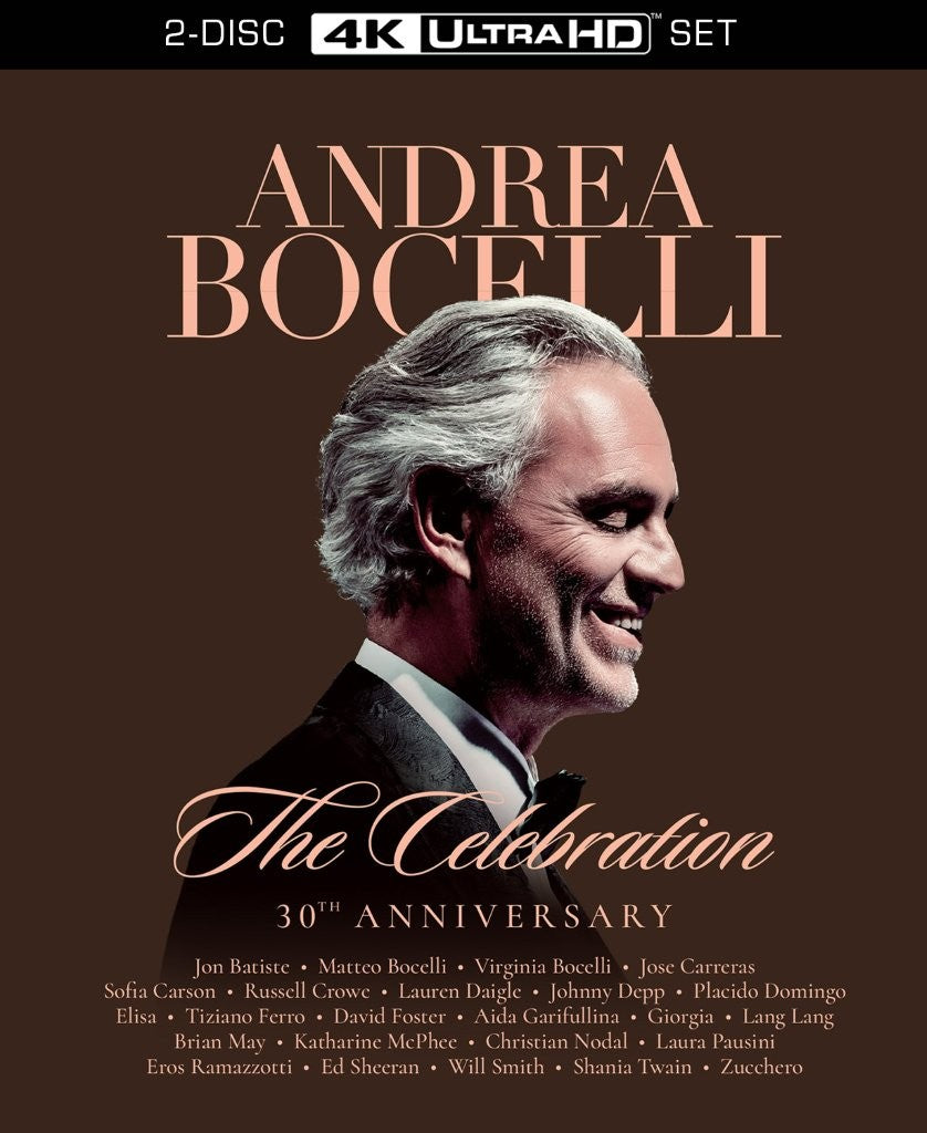 Andrea Bocelli "The Celebration" 30th Anniversary 4K UHD Blu-ray cover.