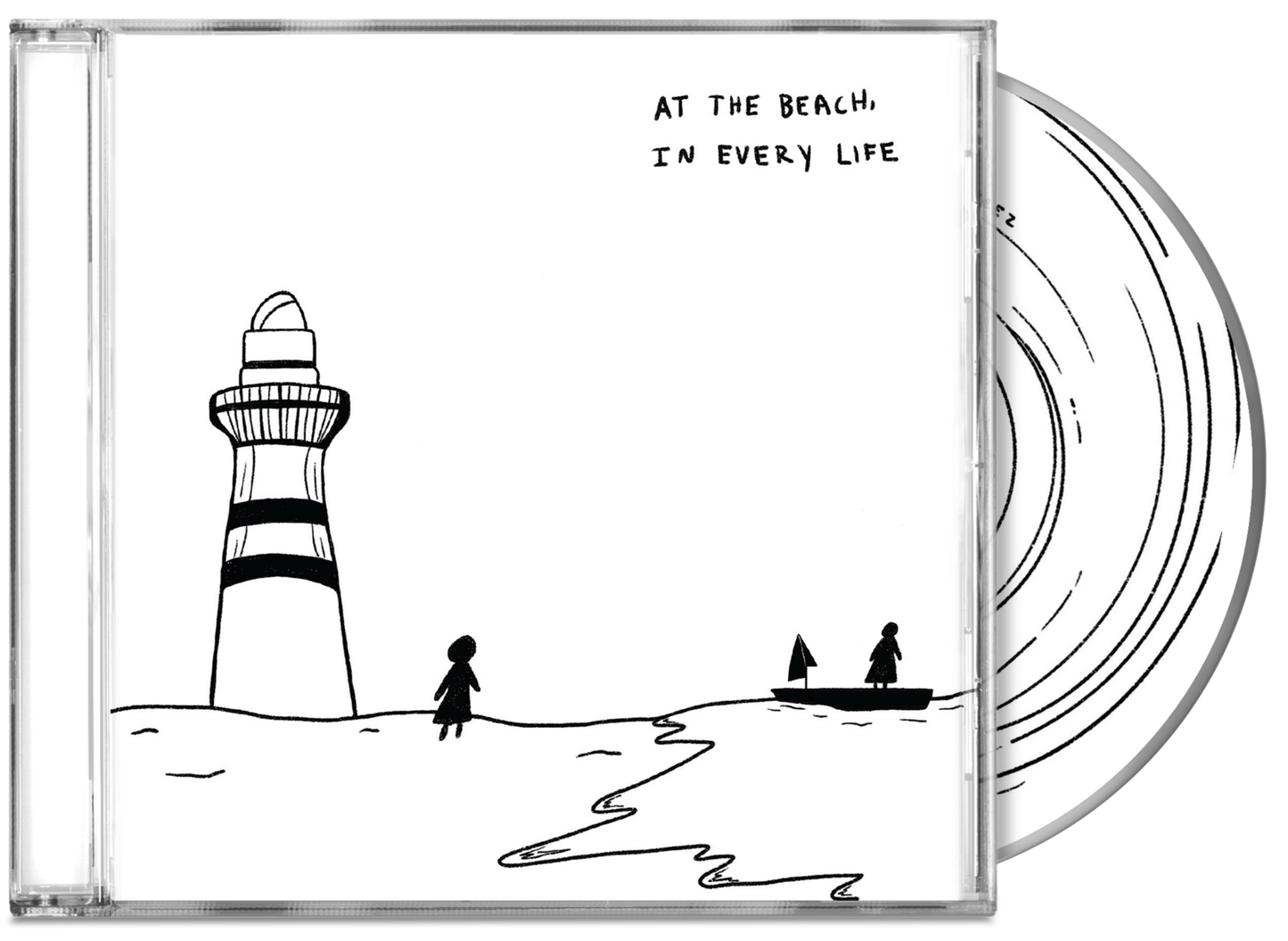CD case with black and white illustration of a lighthouse and beach scene.