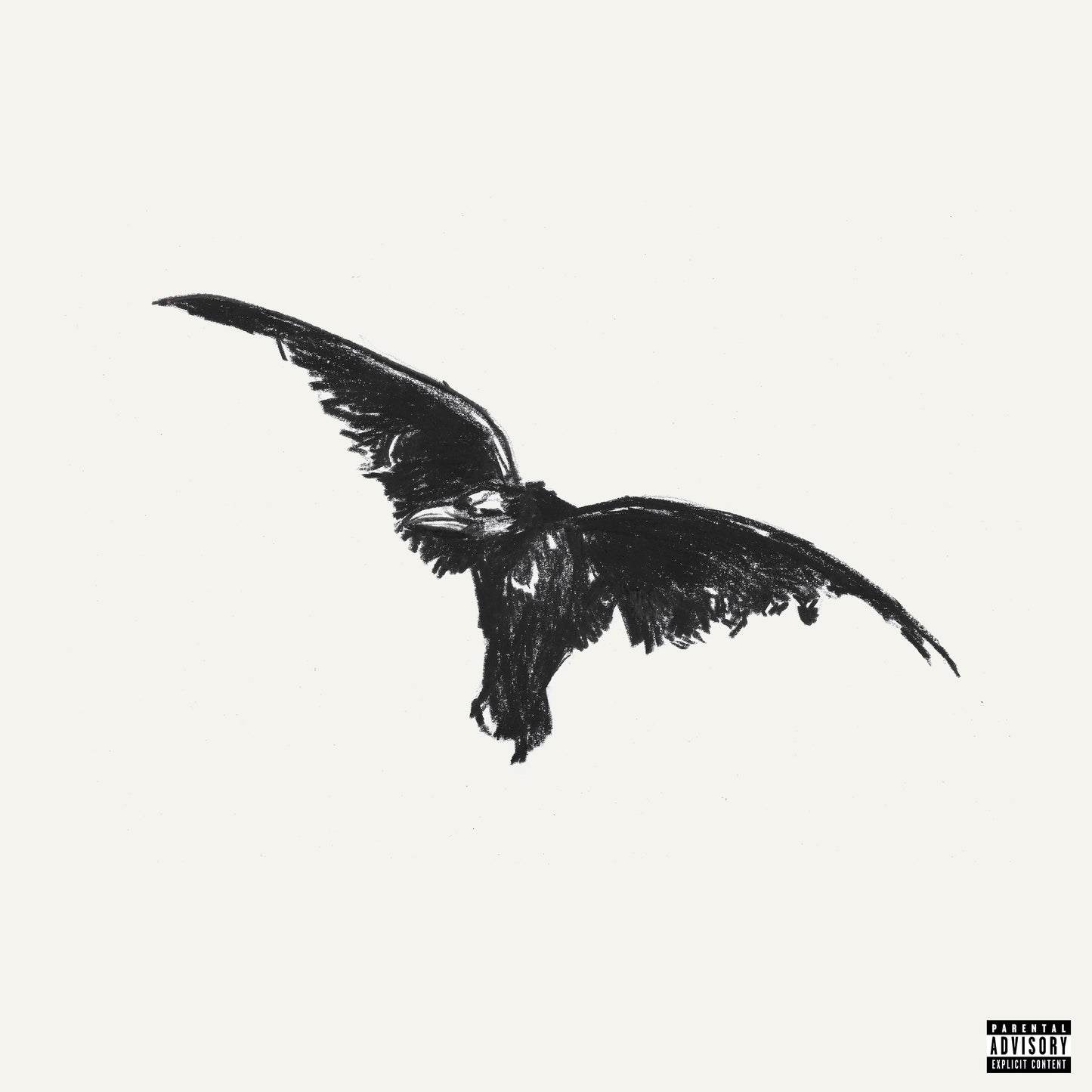 A charcoal-style sketch of a black crow in flight against a plain white background.