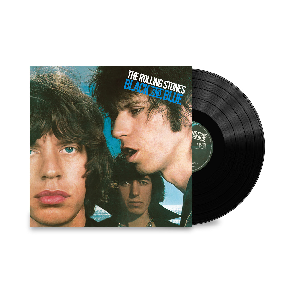 The Rolling Stones' "Black and Blue" vinyl record with Mick Jagger portrait.