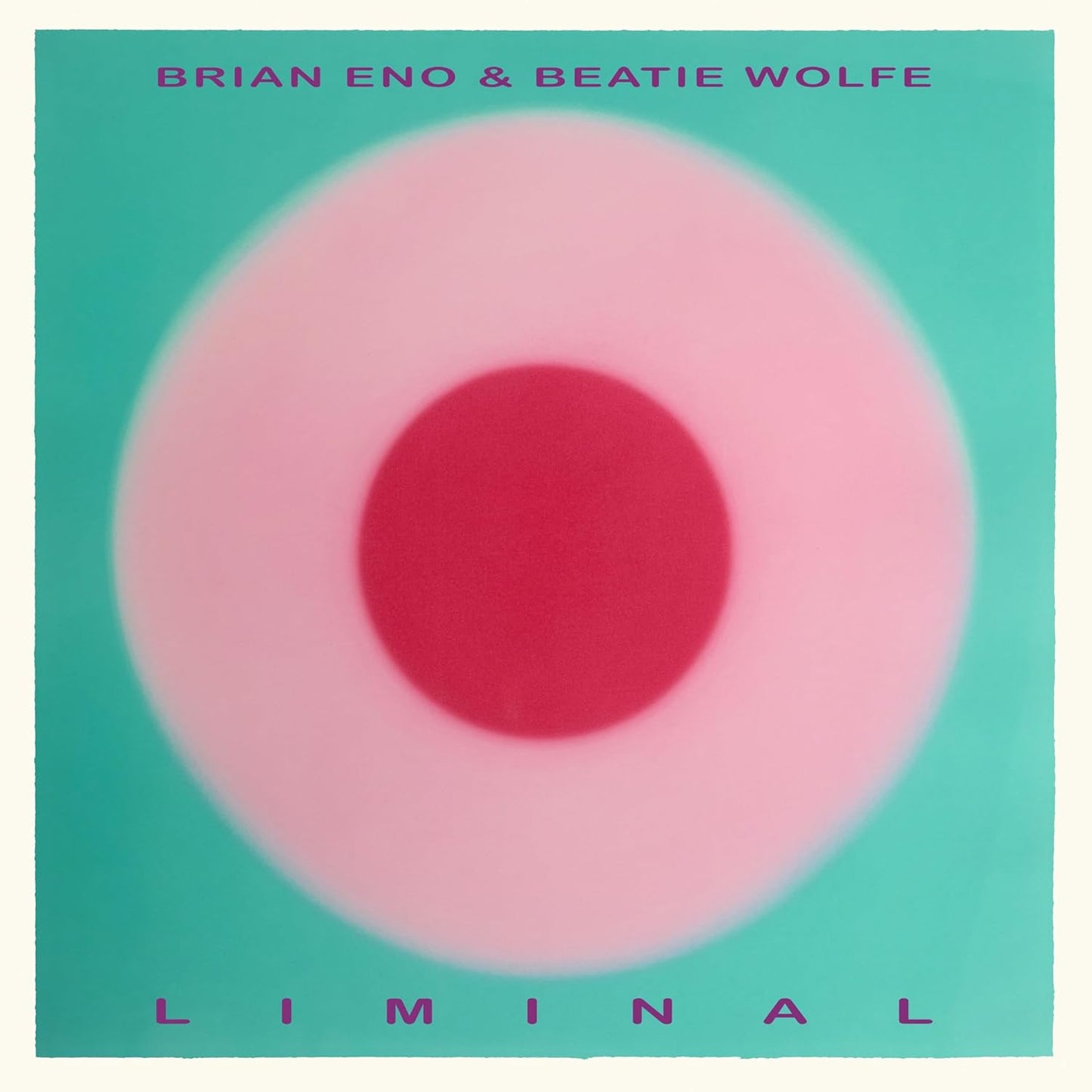 Album cover with a bright red circle inside a soft pink glow on teal.