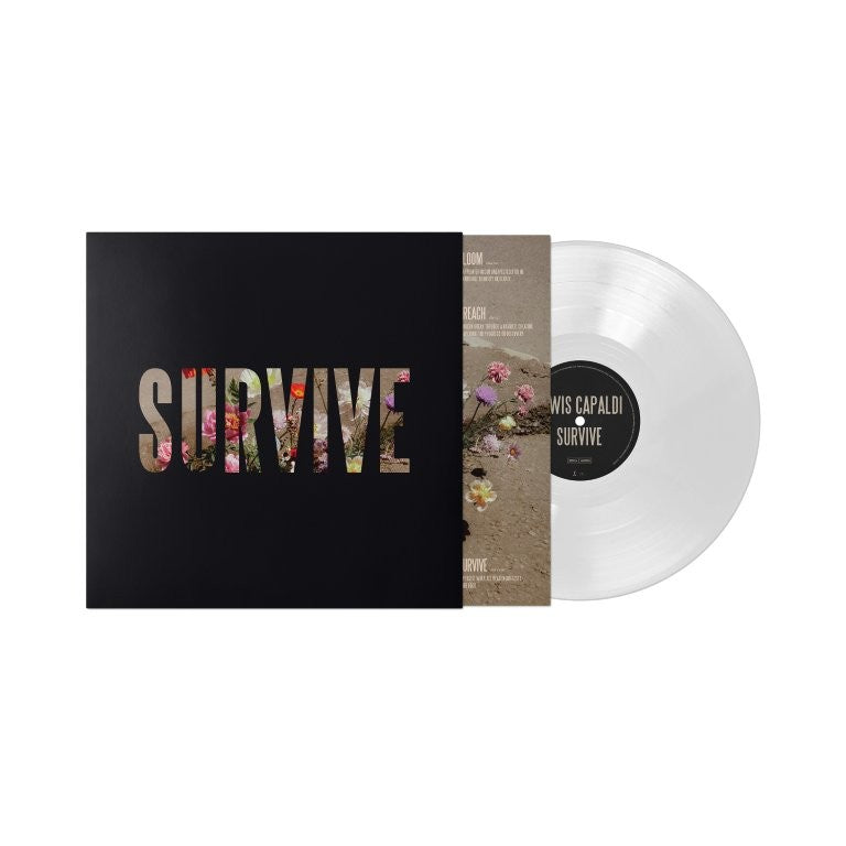 Lewis Capaldi Survive EP black record sleeve with floral text and clear vinyl disc.