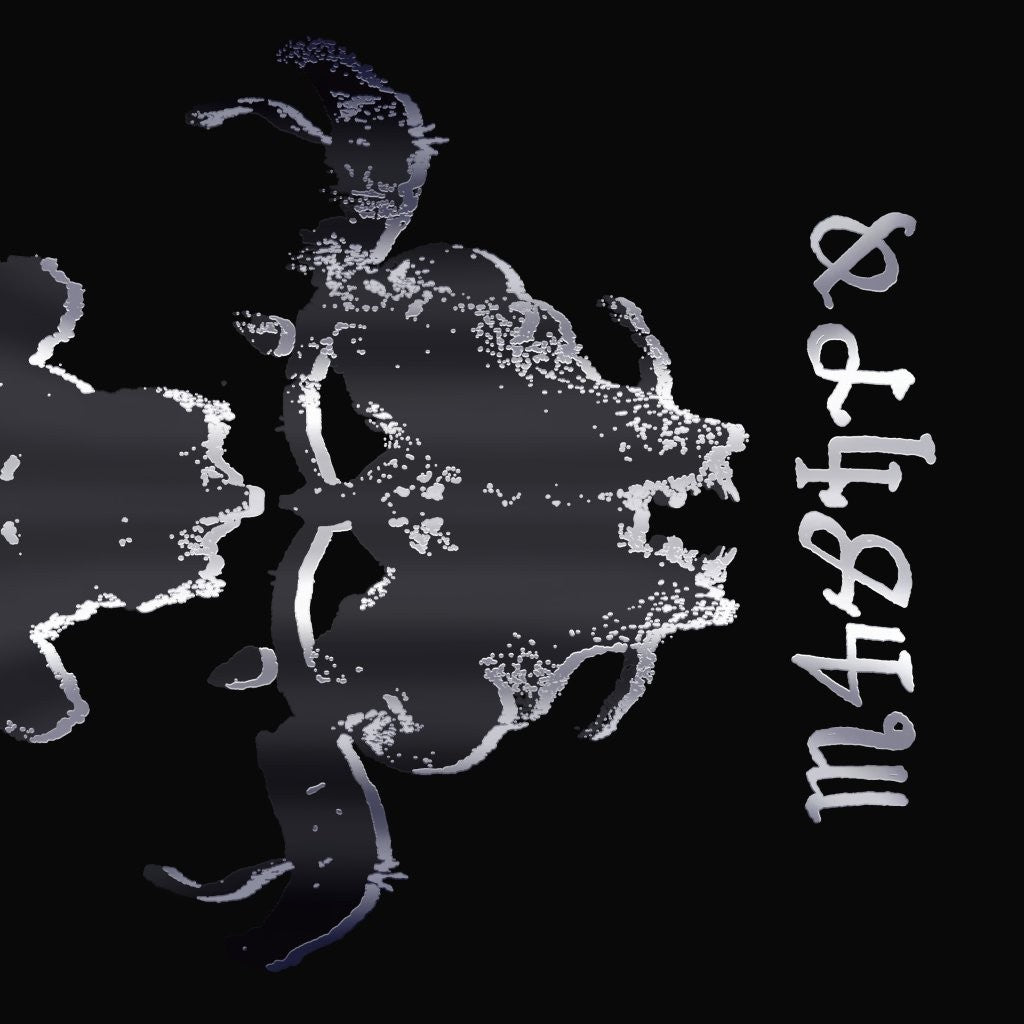 Black and white illustration of a demon-like figure with text.