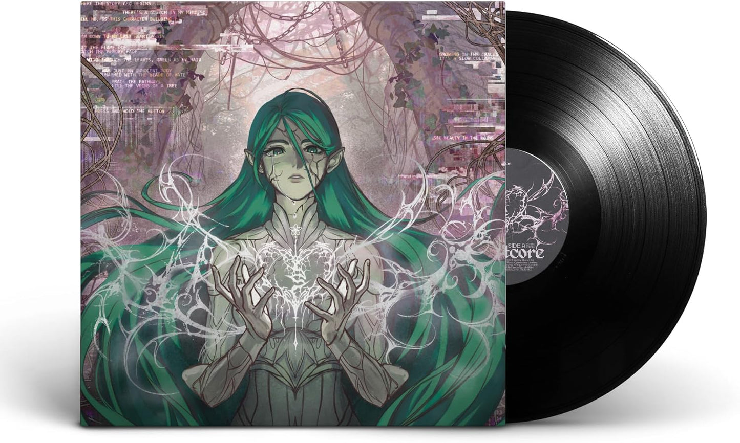 Vinyl record cover featuring an illustrated green-haired figure holding a glowing, intricate heart symbol.