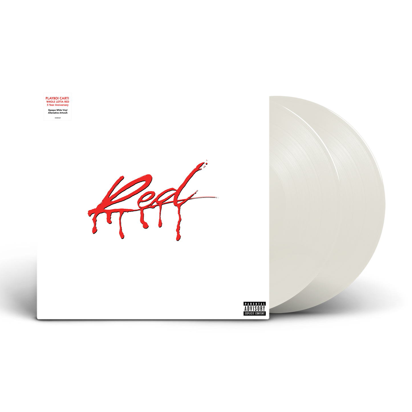 White vinyl record with red splatter and album cover visible.