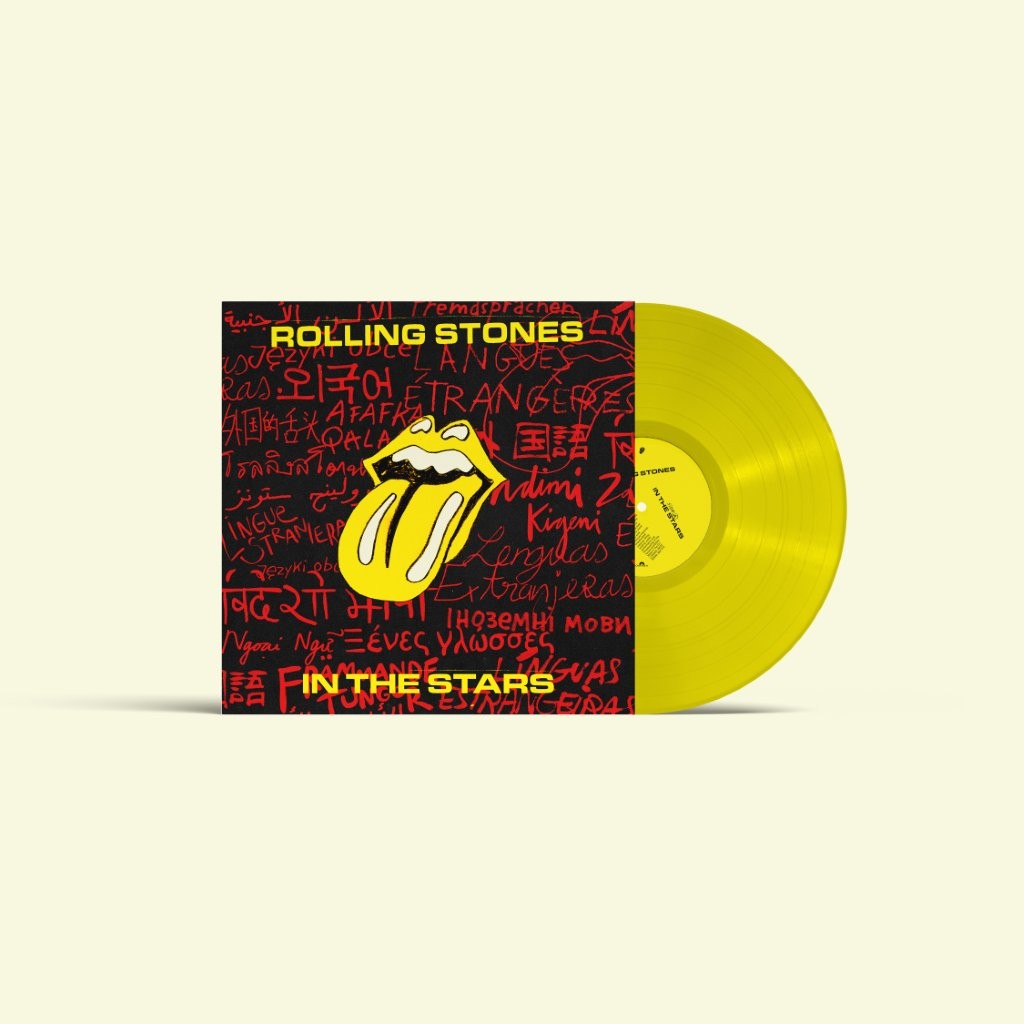 Rolling Stones In The Stars yellow vinyl record with a multilingual black and red cover.