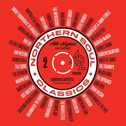 Red vinyl record label with white text listing various soul artists.