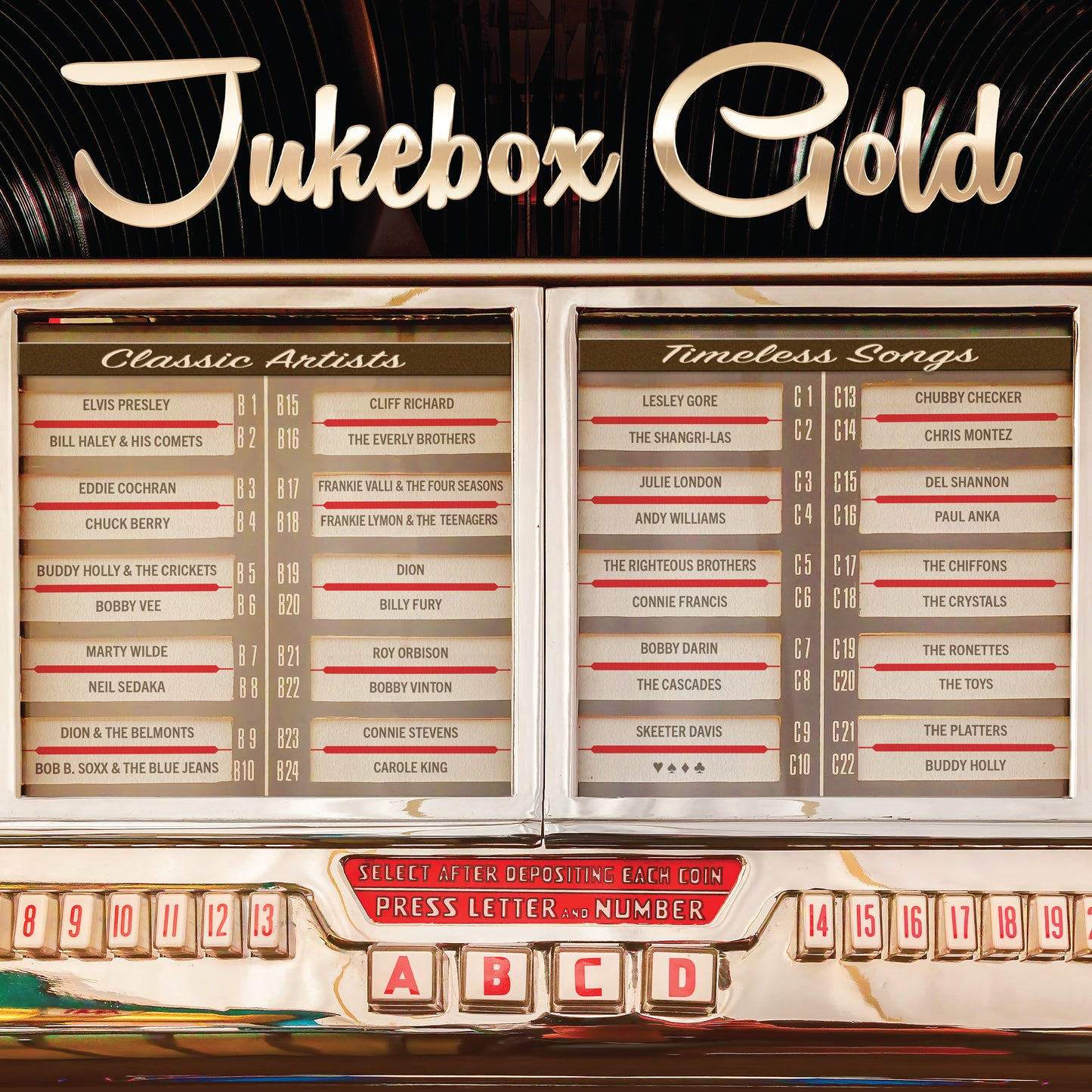 Jukebox Gold vinyl record cover featuring a list of classic artists.