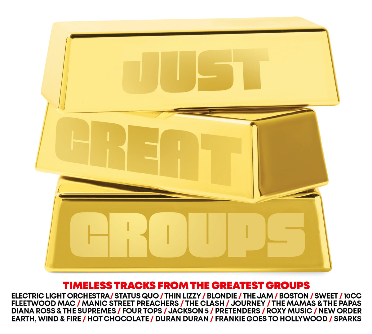 CD cover: gold bars spell "Just Great Groups" with band names listed below.