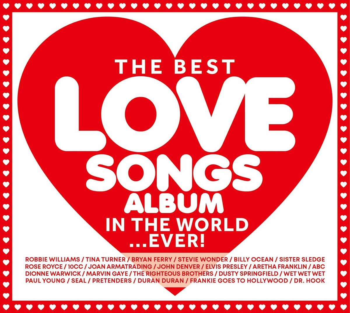 Red heart-shaped CD cover with white text: "The Best Love Songs Album...Ever!