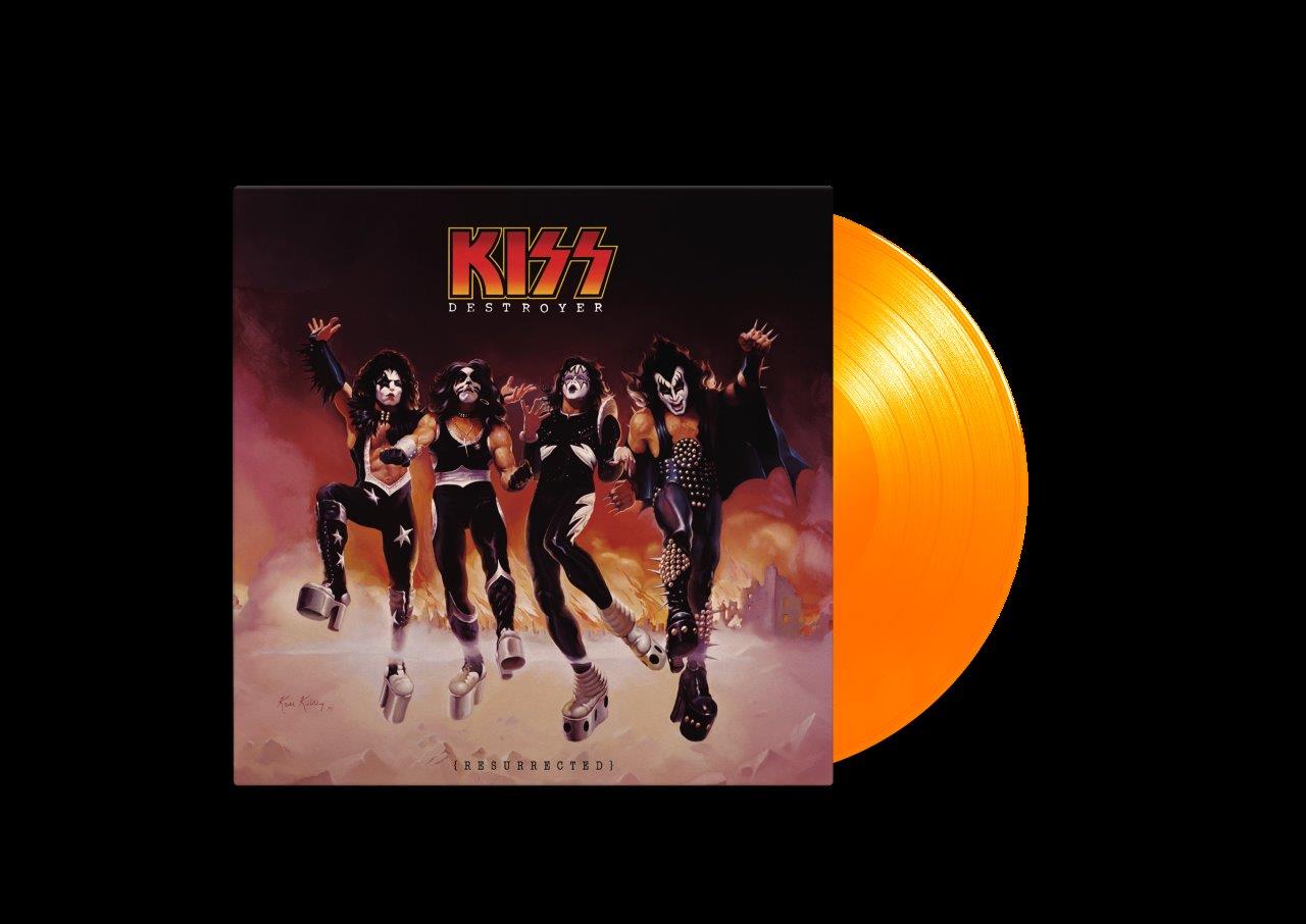 KISS "Destroyer" album cover with orange vinyl record beside it.