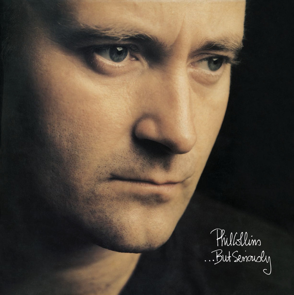 Close-up portrait of Phil Collins on the album cover “…But Seriously.”