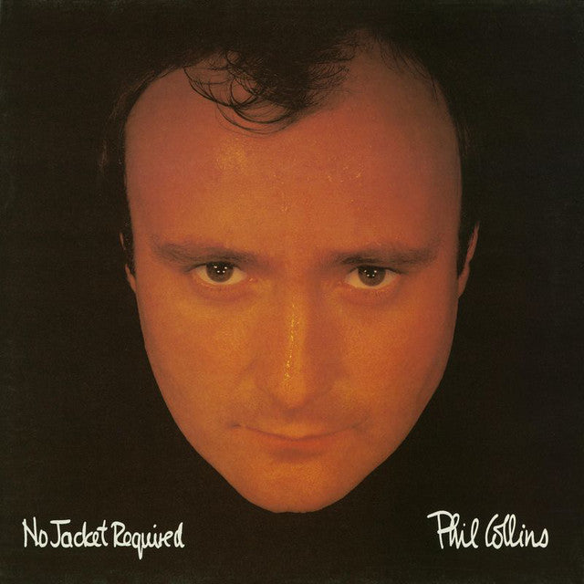 Close-up portrait of Phil Collins on a dark background, album cover.