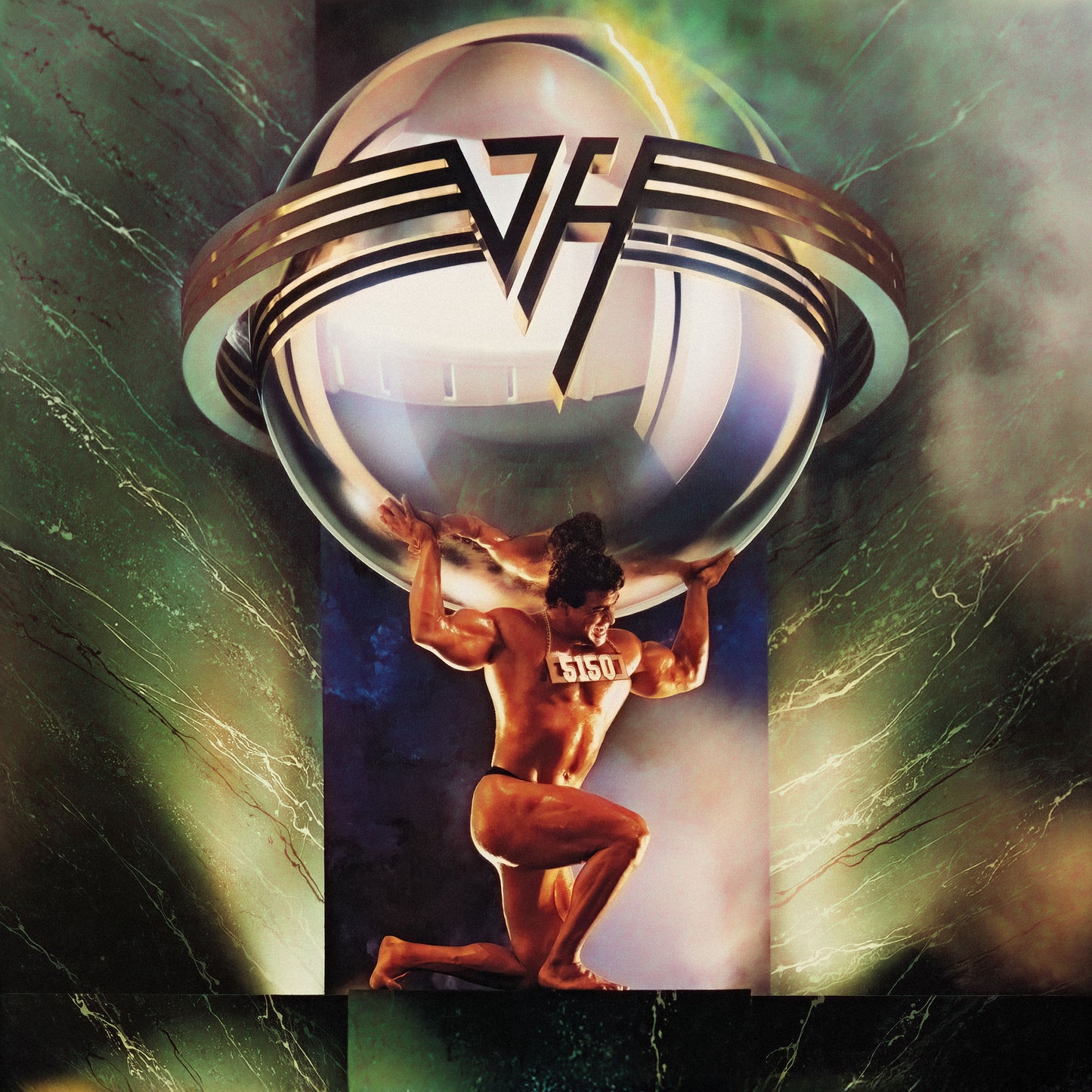 Van Halen’s “5150” album cover: a man lifting a large ring.
