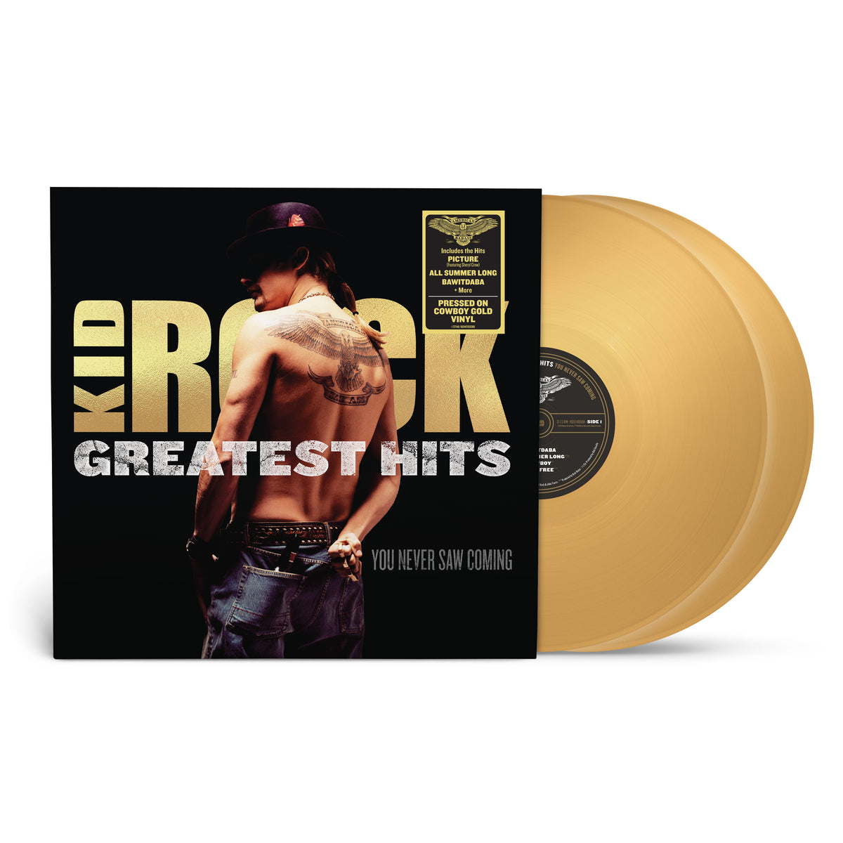 Kid Rock Greatest Hits album cover and two gold-colored vinyl records.