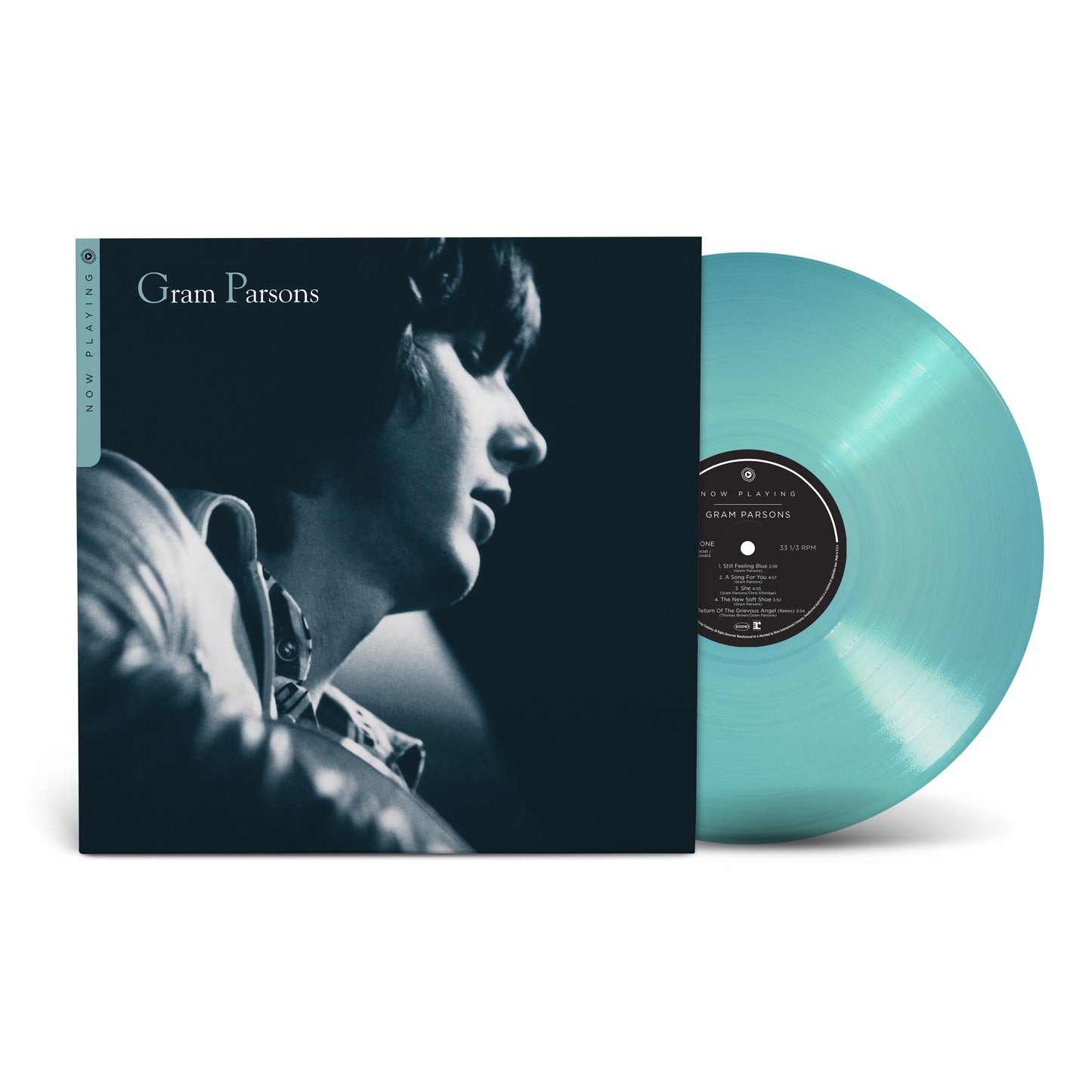 Gram Parsons album cover and teal vinyl record on white background.