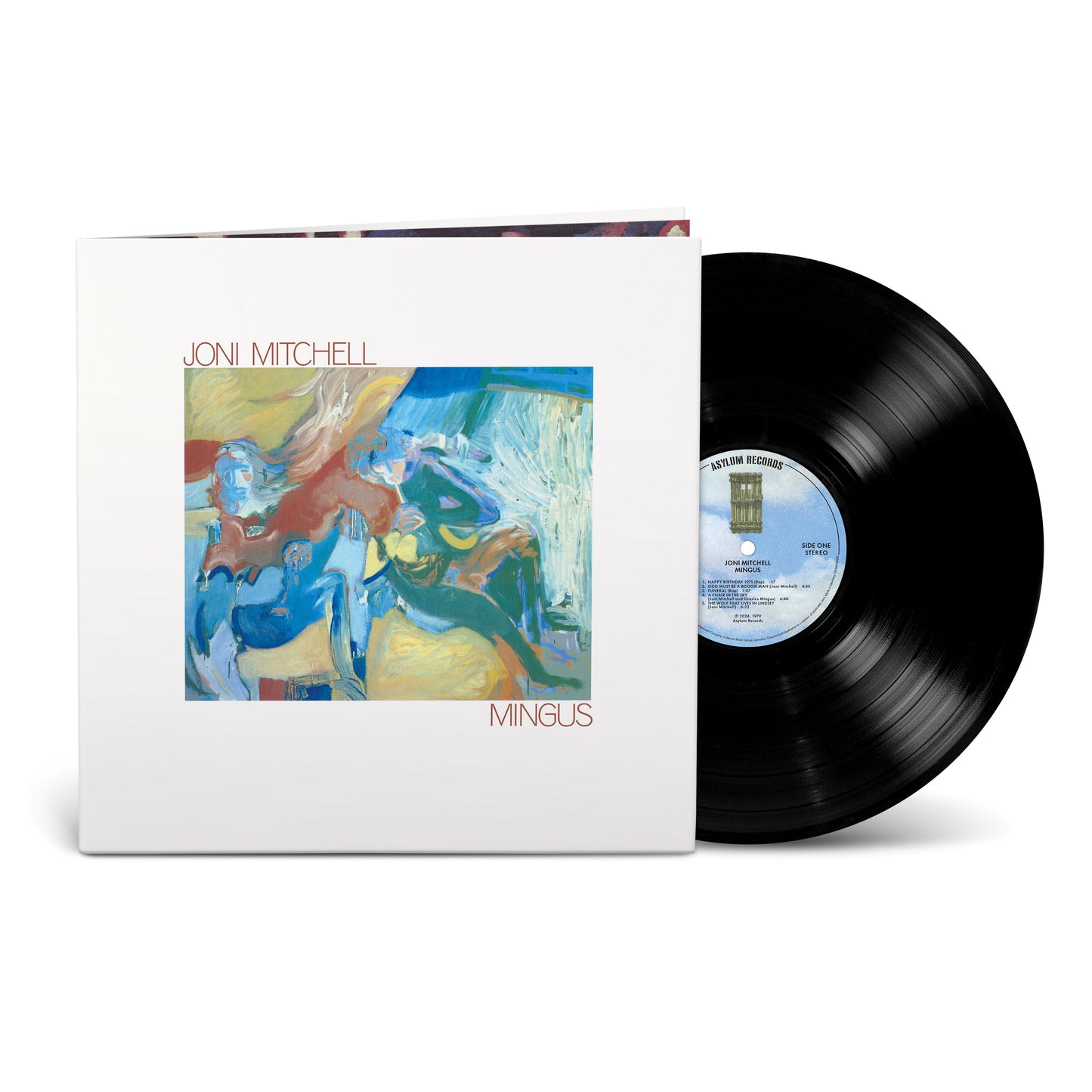 Joni Mitchell’s “Mingus” vinyl record with abstract painted cover art.