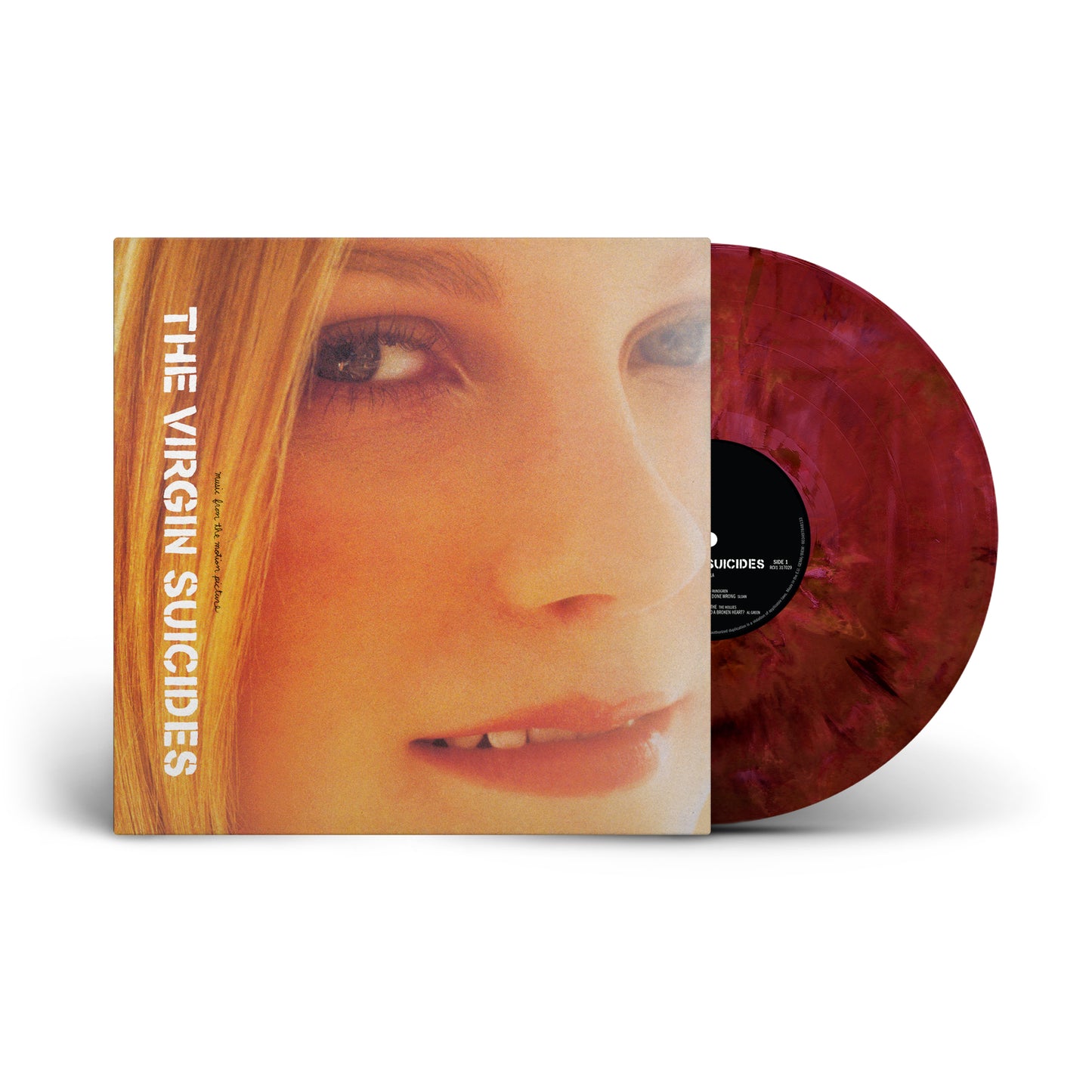 Coloured vinyl LP of "The Virgin Suicides" soundtrack with a girl's face on the cover.