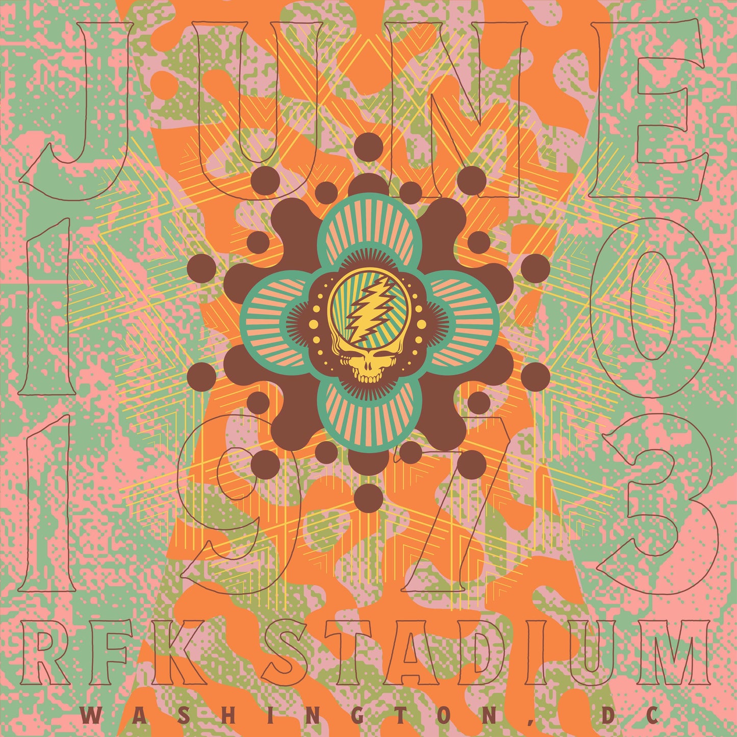 Grateful Dead album cover: orange and pink geometric design with a Steal Your Face skull.