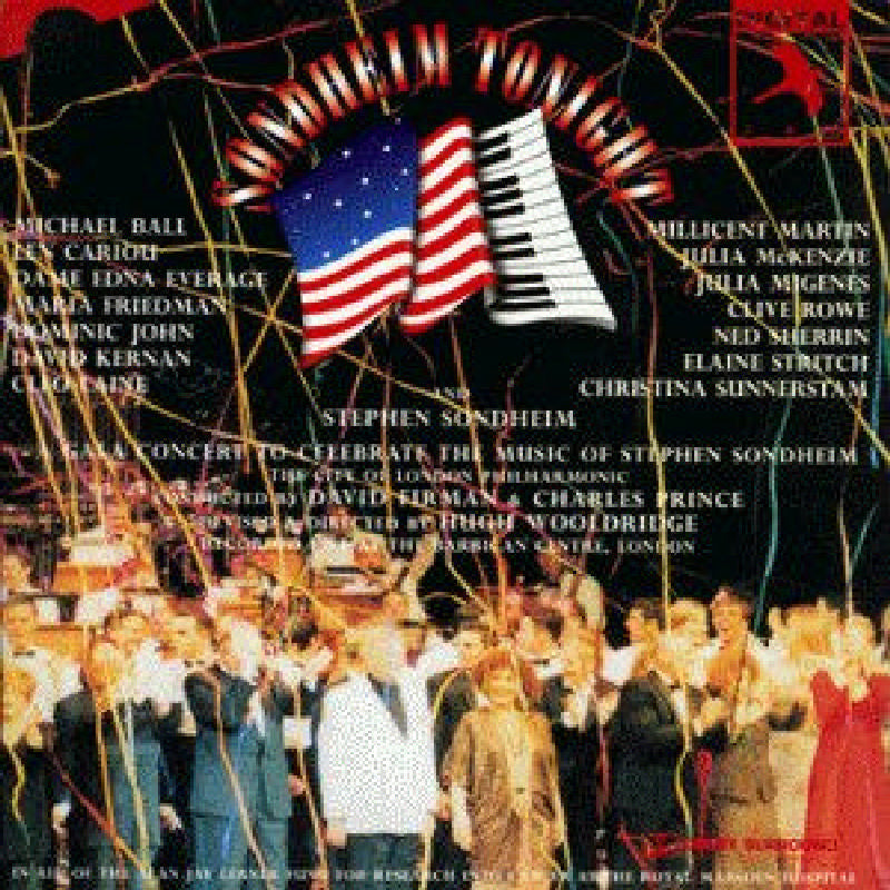 “Sondheim Tonight” CD cover with American flag, piano keys, and performers’ names.