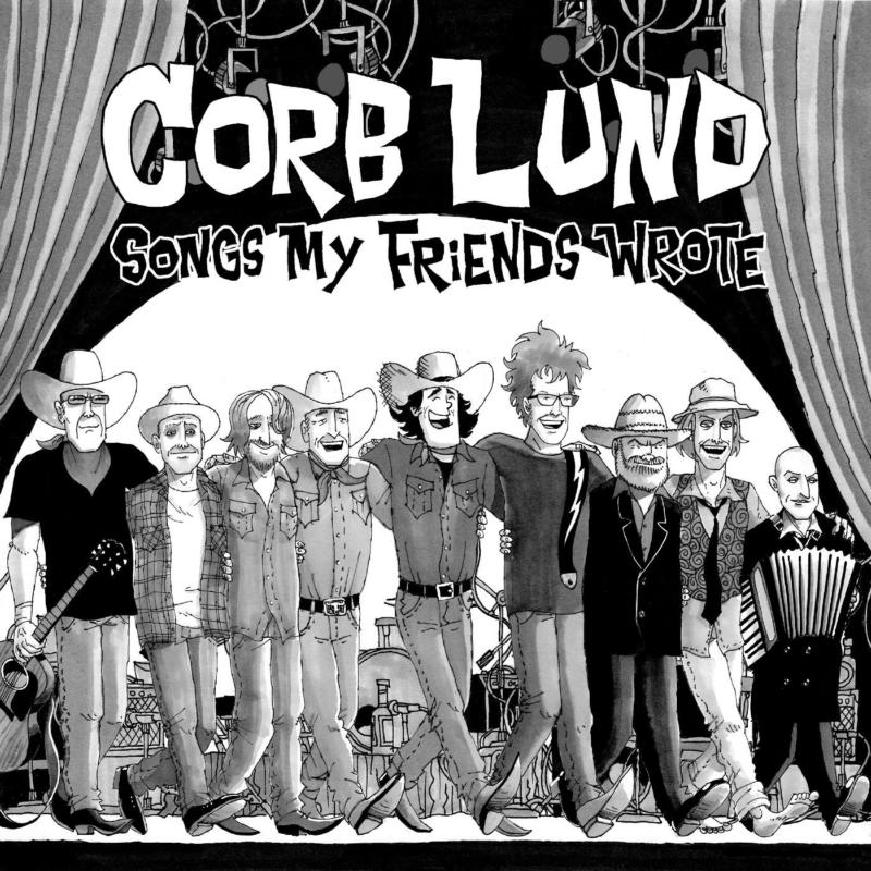 Black and white illustration of Corb Lund and band members on stage.