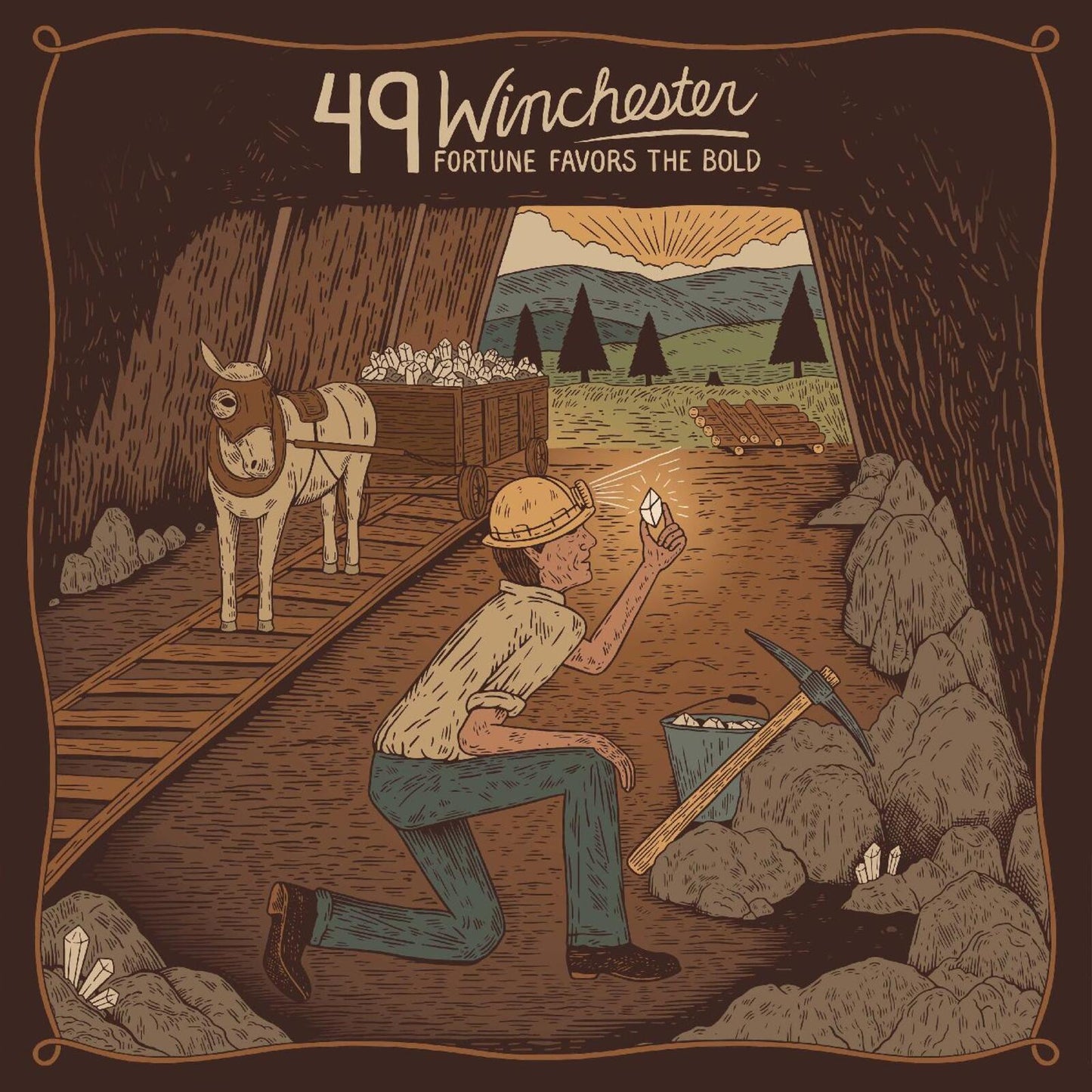 Vintage-style illustration of a miner with an ox and ore cart in a mine.