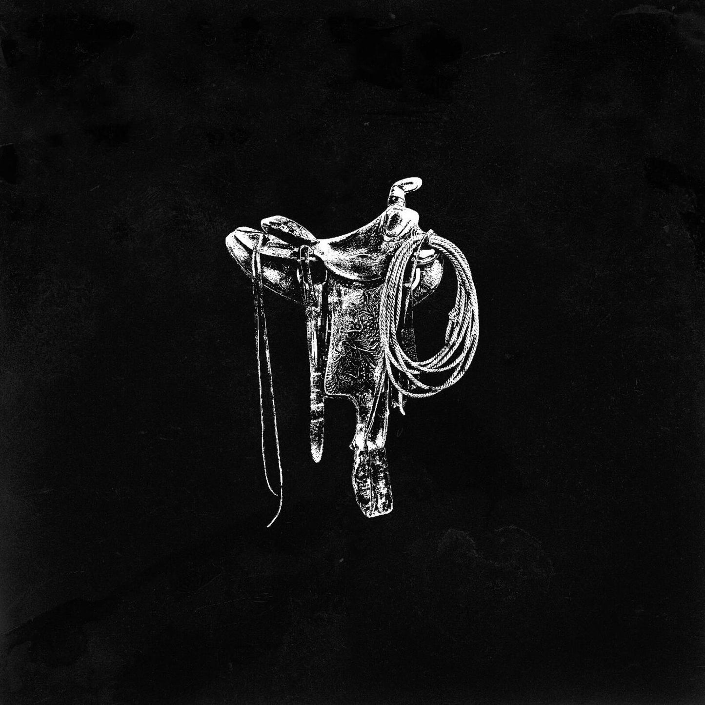 Black and white image of a saddle and lasso against a dark background.