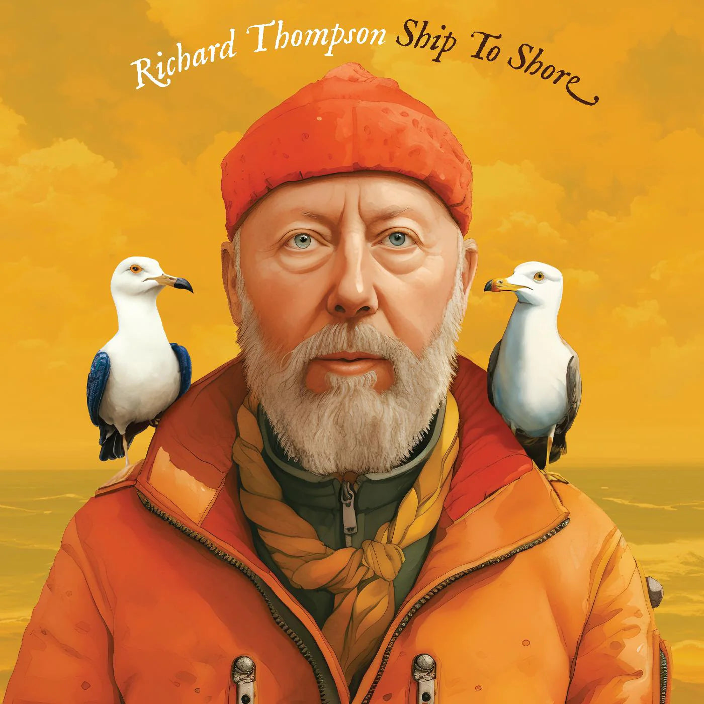 Album cover: portrait of a bearded man with seagulls, orange background.