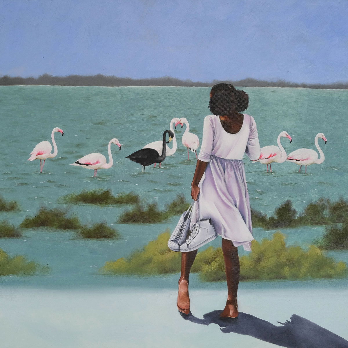 Painting of a woman in a white dress with flamingos and a black bird.